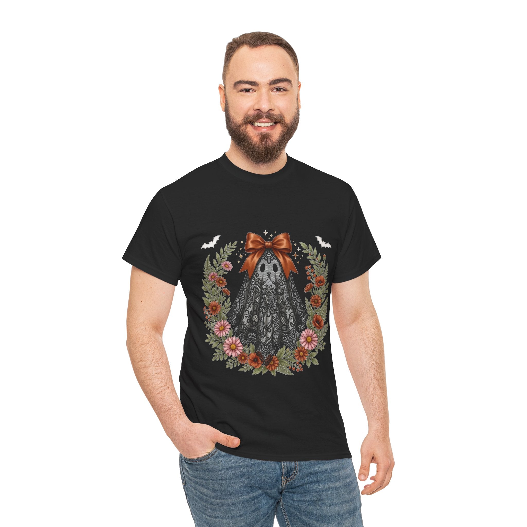 Ghost in Lace Tee — Floral Halloween Ghost T-Shirt with Bow