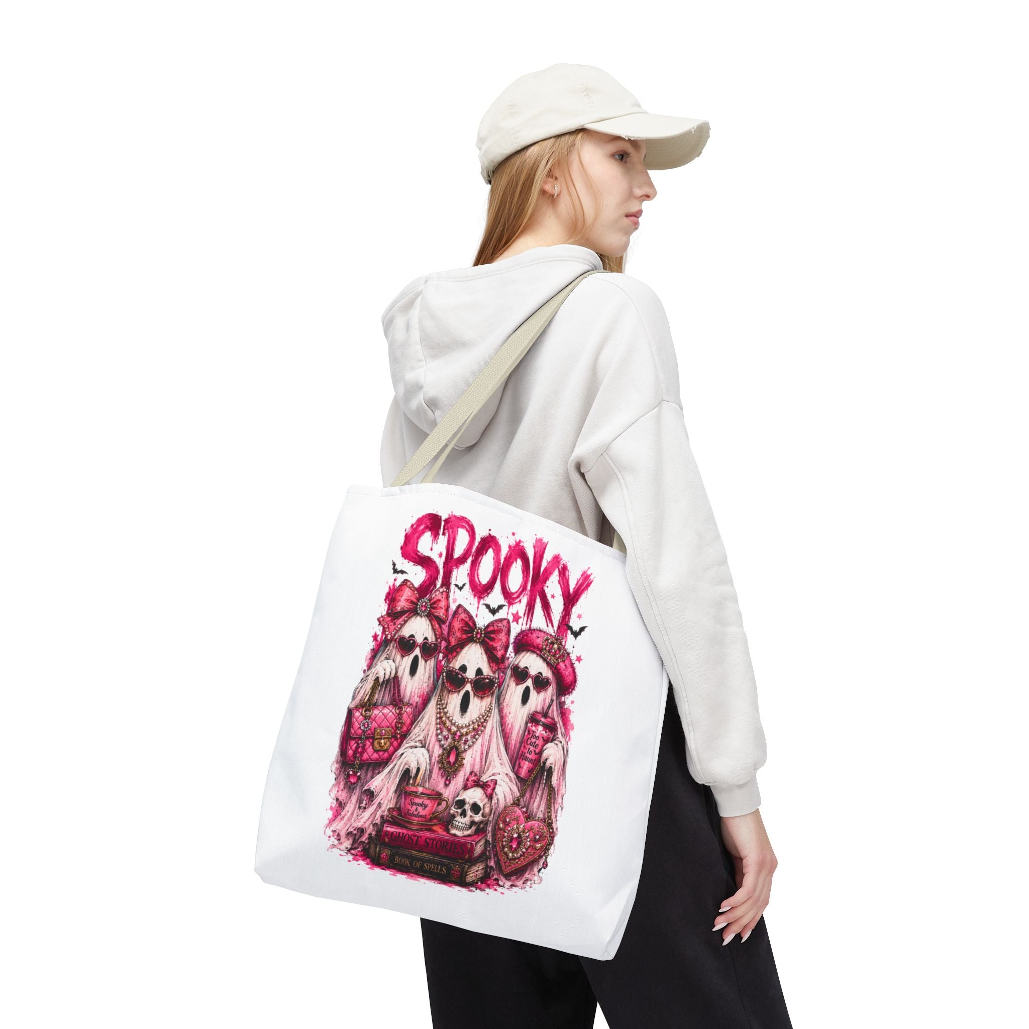 Spooky Pink Ghost Trio Tote Bag — Cute Gothic Halloween Aesthetic