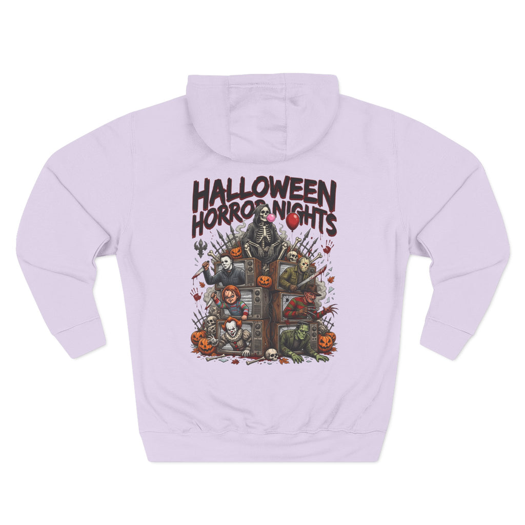 Halloween Horror Nights Hoodie — Haunted Mask & Killer Characters Graphic Pullover