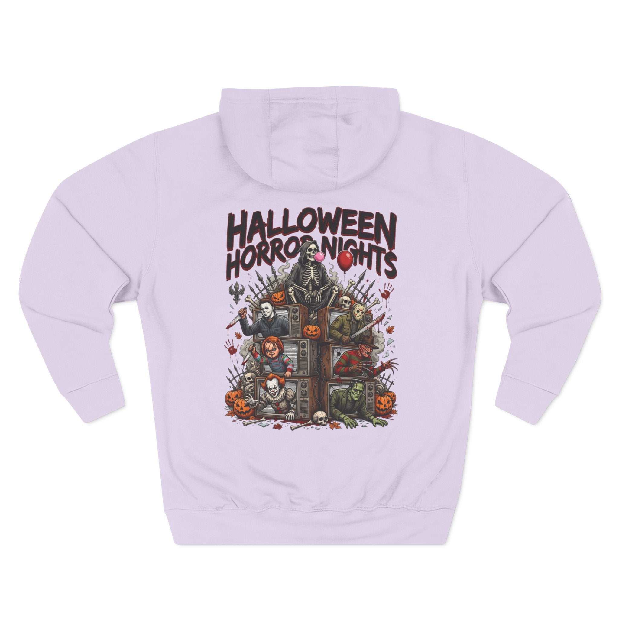 Halloween Horror Nights Hoodie — Haunted Mask & Killer Characters Graphic Pullover