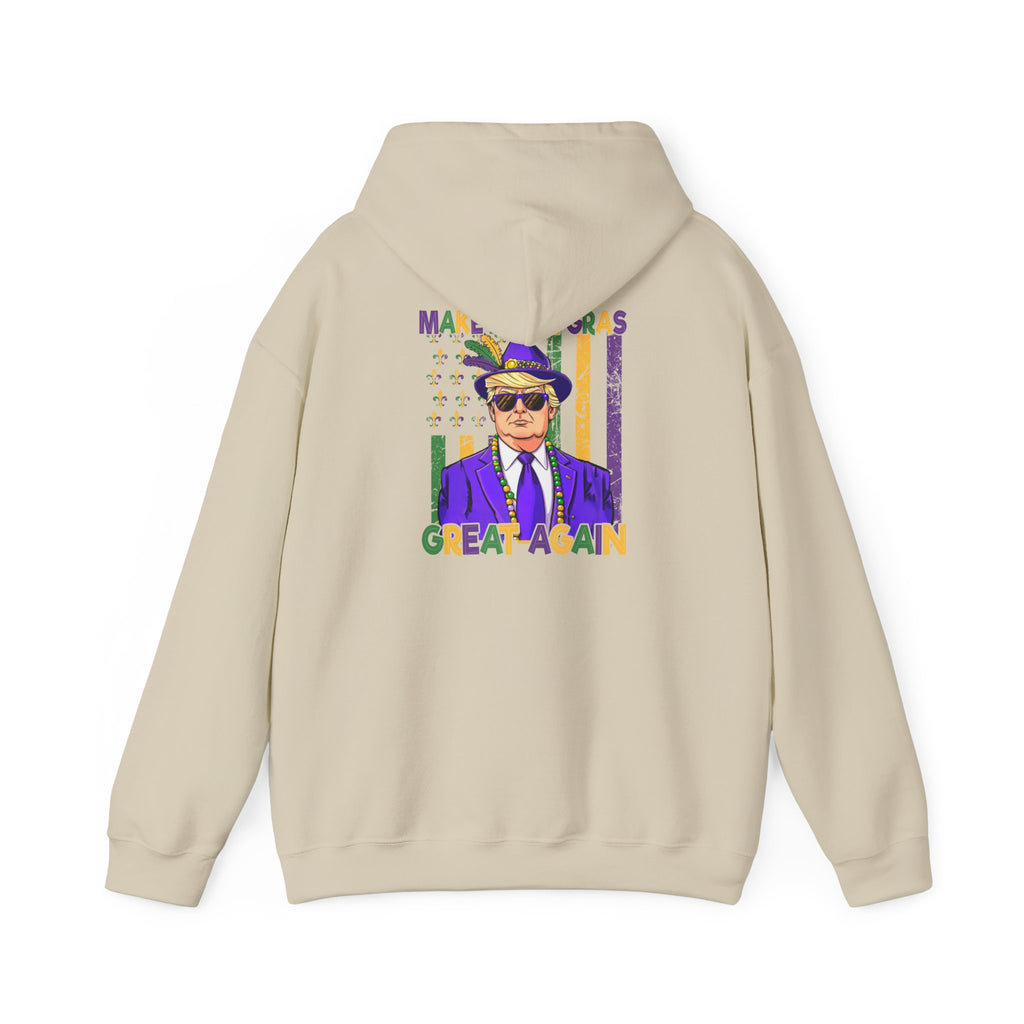 Mardi Gras Great Again Hoodie — Festive King Cake Masked Man Back Graphic