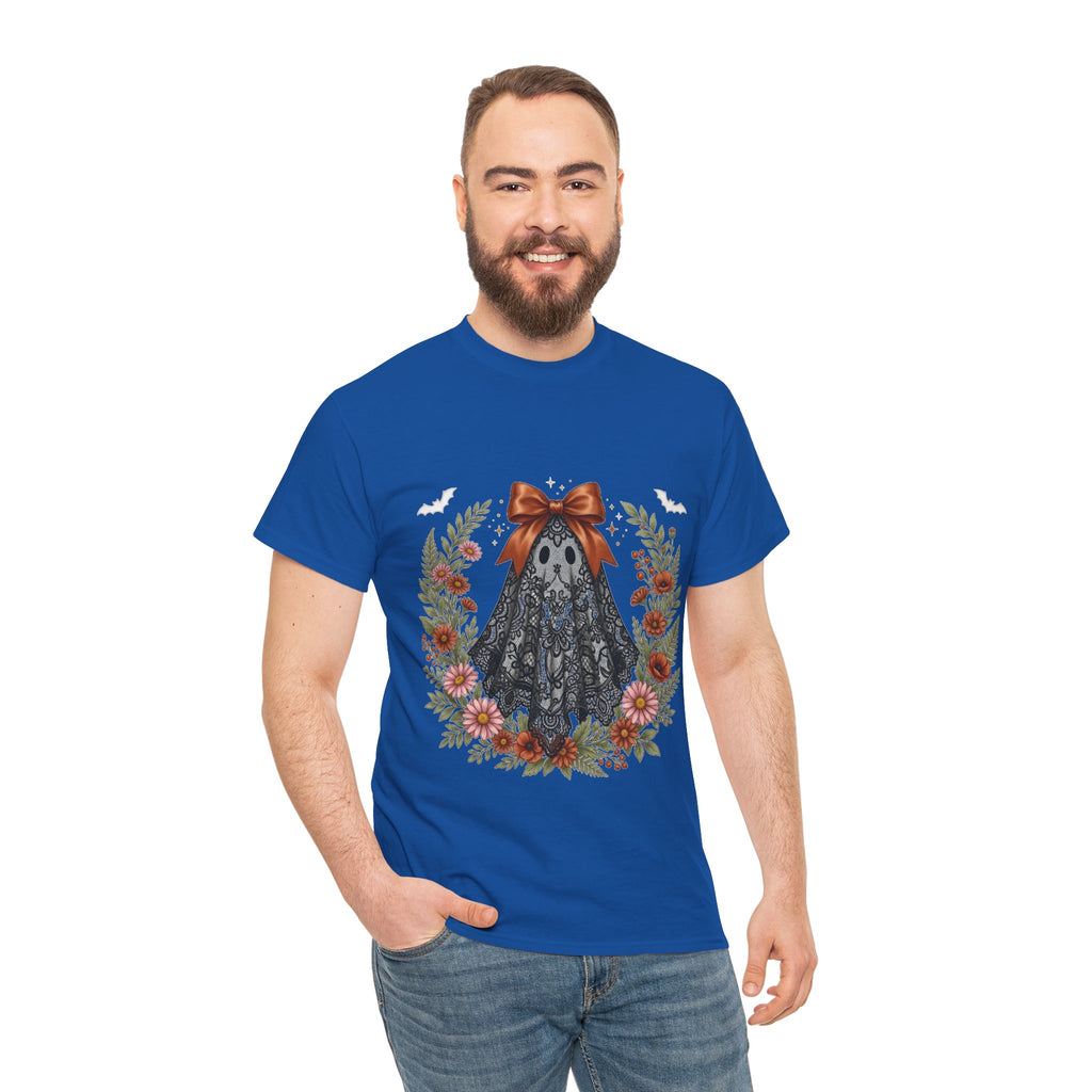 Ghost in Lace Tee — Floral Halloween Ghost T-Shirt with Bow