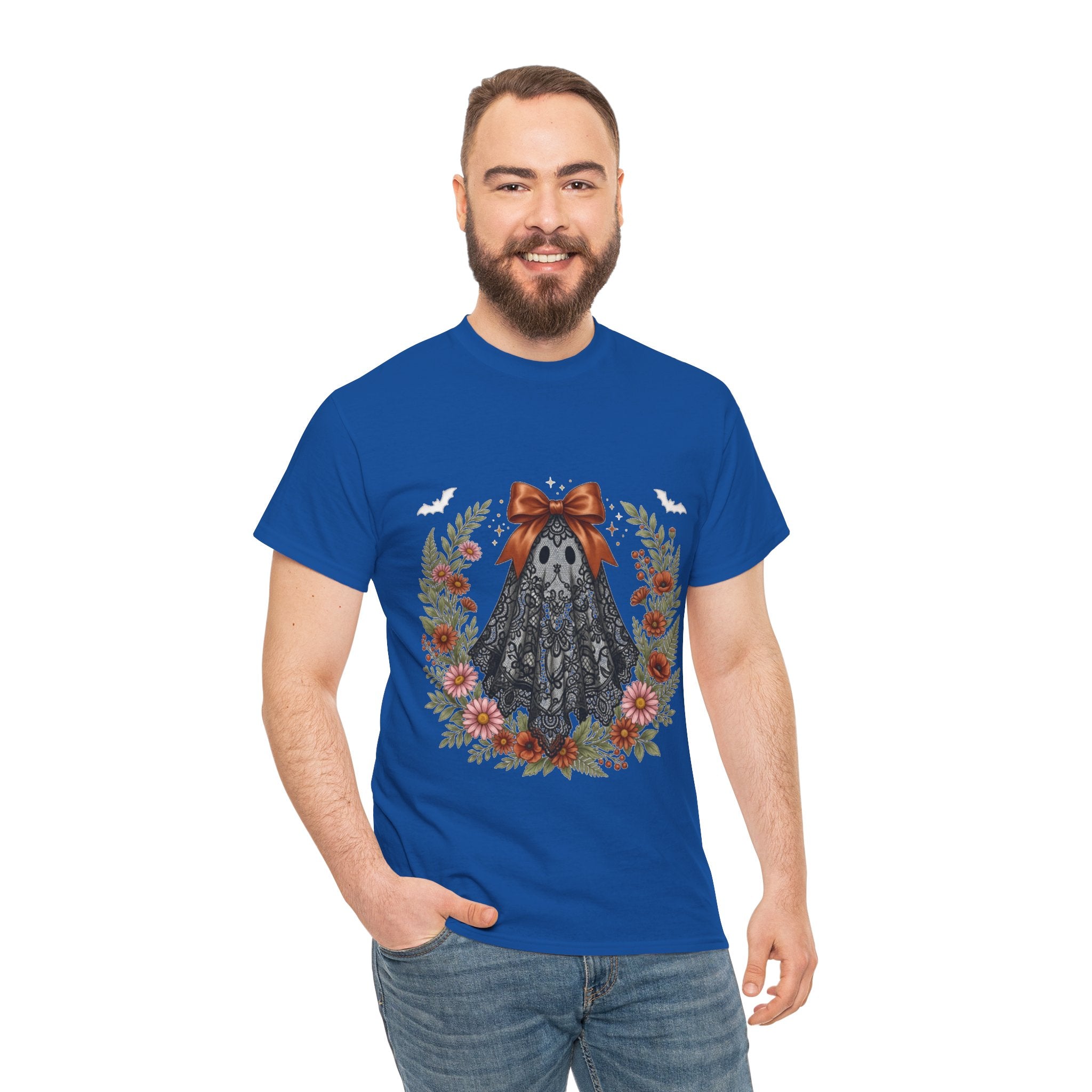 Ghost in Lace Tee — Floral Halloween Ghost T-Shirt with Bow