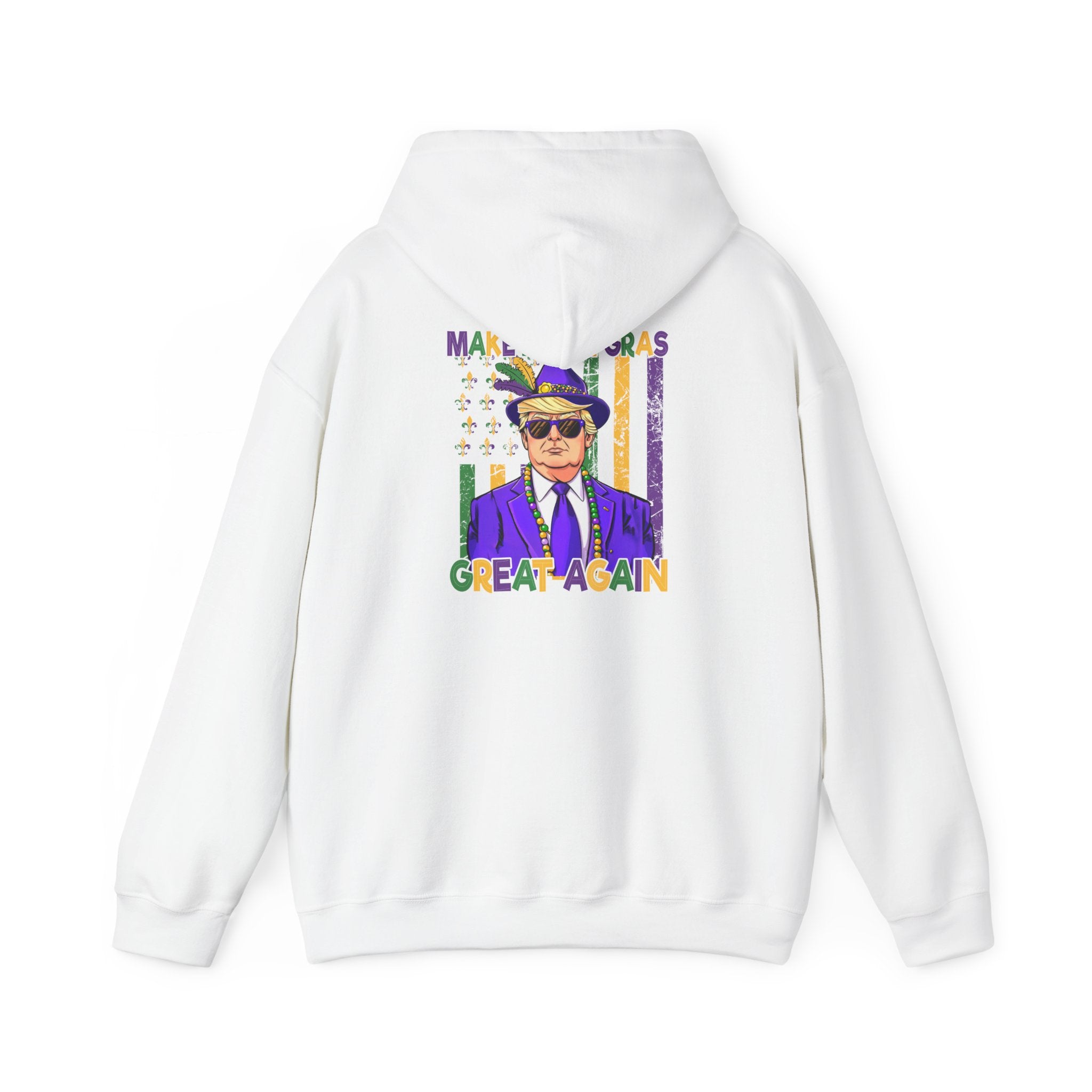 Mardi Gras Great Again Hoodie — Festive King Cake Masked Man Back Graphic