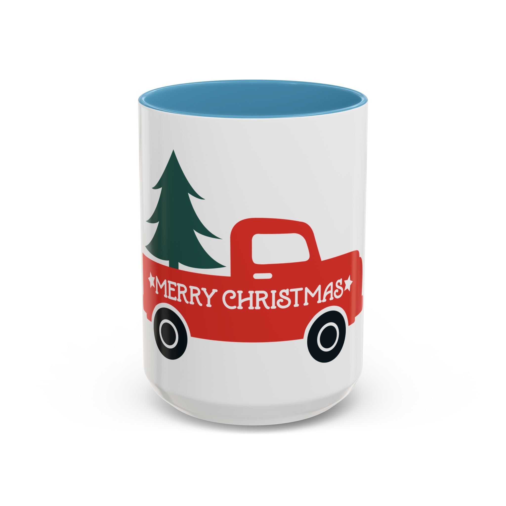 Christmas Truck Coffee Mug — Red Vintage Pickup with Tree, "Merry Christmas" Accent Mug