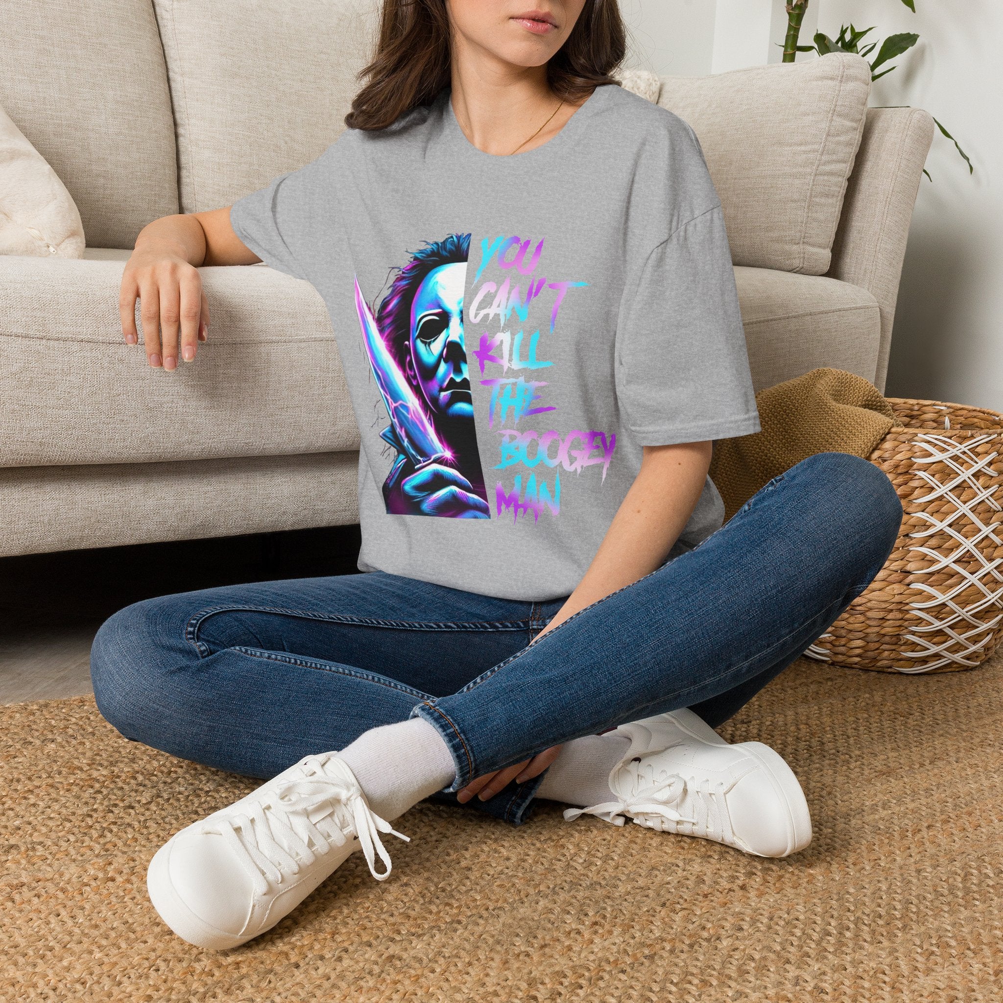 Horror Graphic T-Shirt — Neon “You Can’t Kill the Boogeyman” Michael Mask Tee
