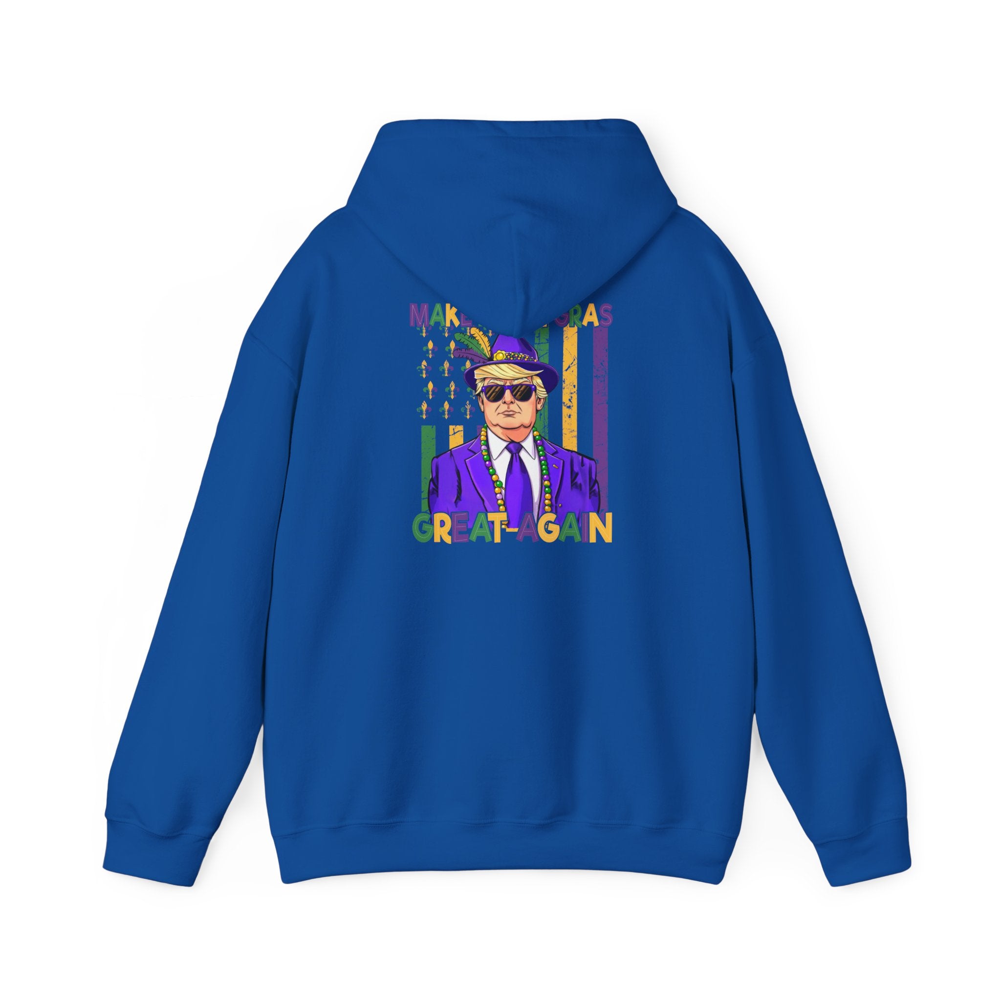 Mardi Gras Great Again Hoodie — Festive King Cake Masked Man Back Graphic