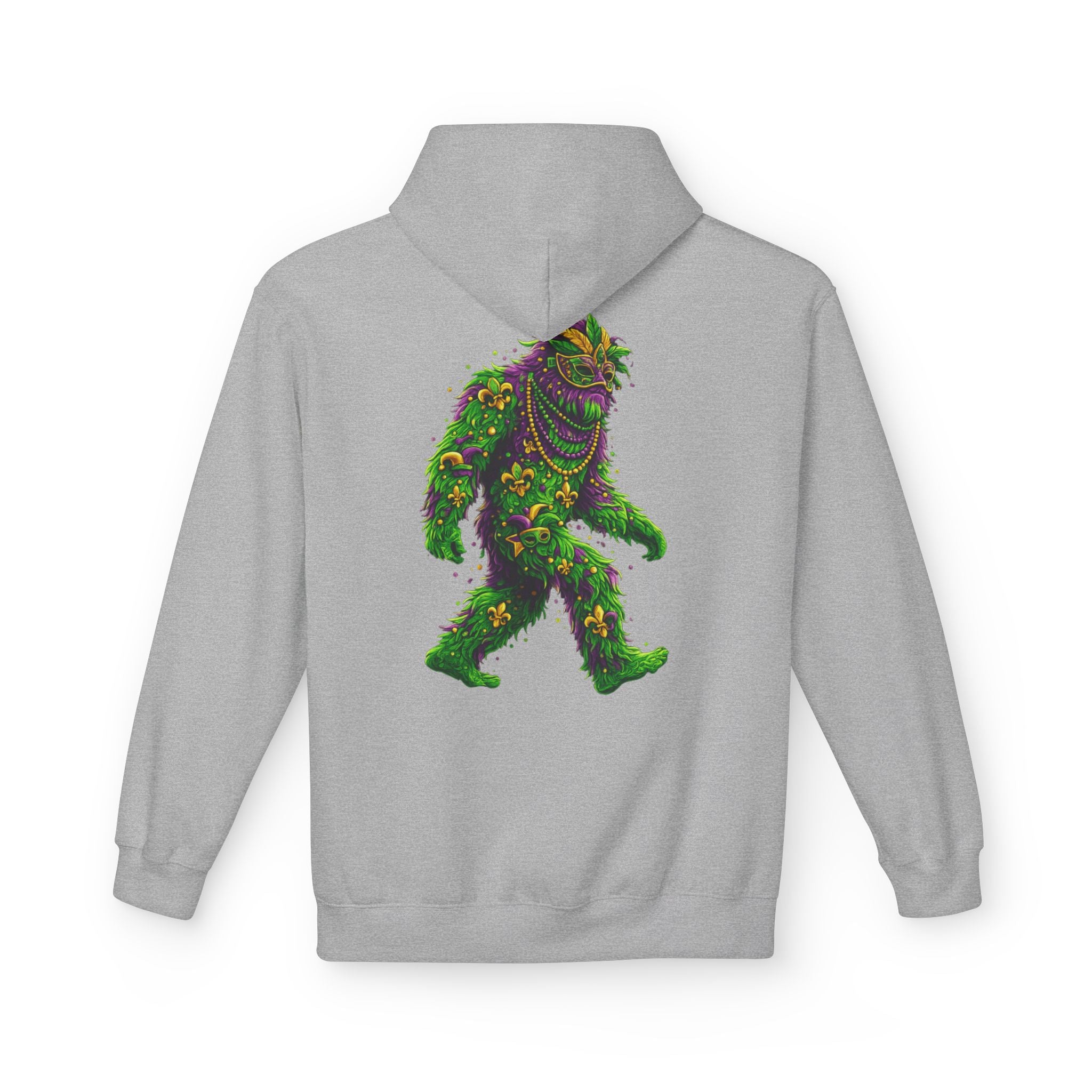 Mardi Gras Bigfoot Hoodie - Festive Beaded Sasquatch Pullover
