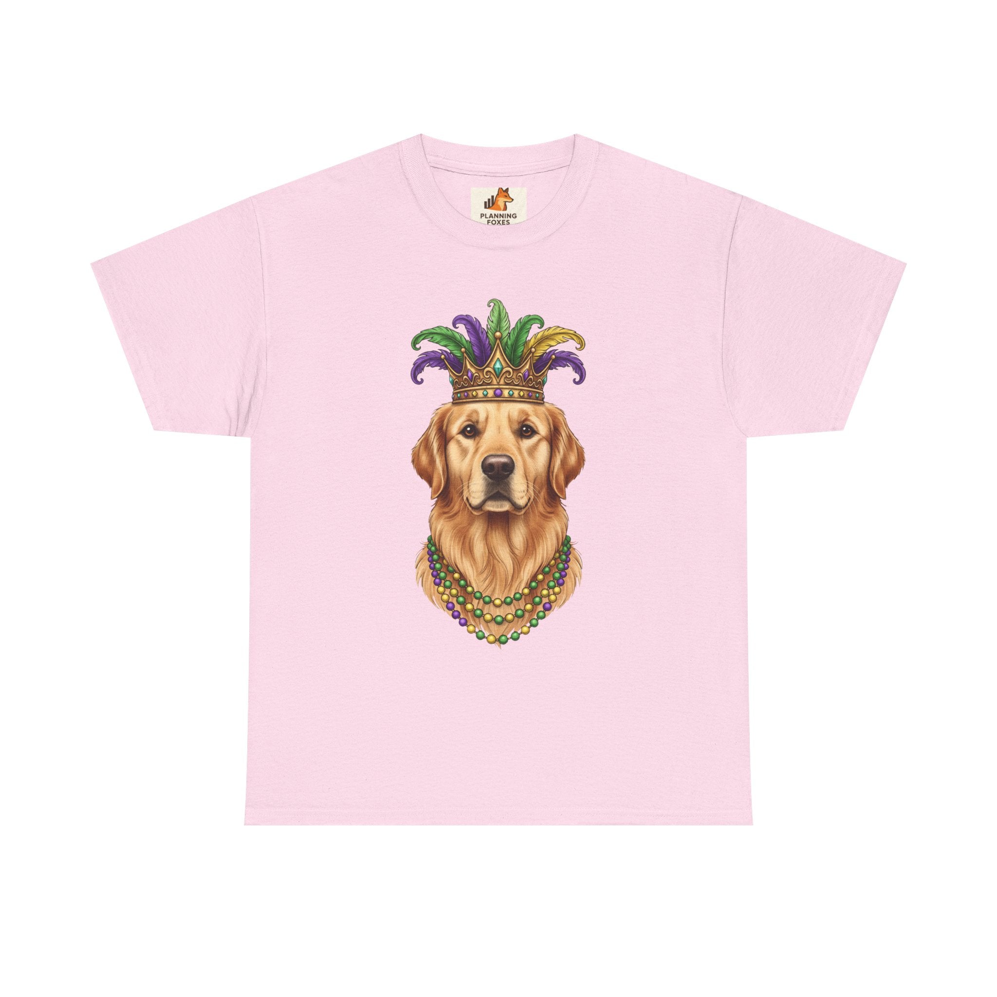 Mardi Gras Golden Retriever T-Shirt — Dog with Jester Crown & Beads