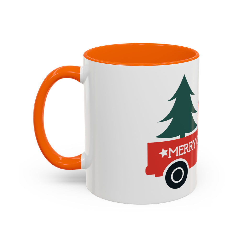 Christmas Truck Coffee Mug — Red Vintage Pickup with Tree, "Merry Christmas" Accent Mug