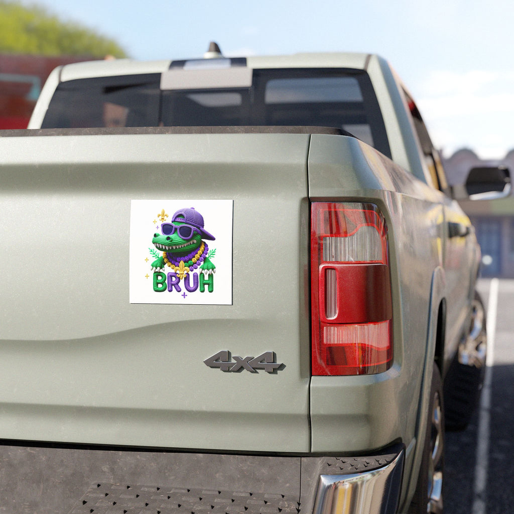 Bruh Gator Car Magnet — Mardi Gras Purple & Green Alligator with Beads and Sunglasses