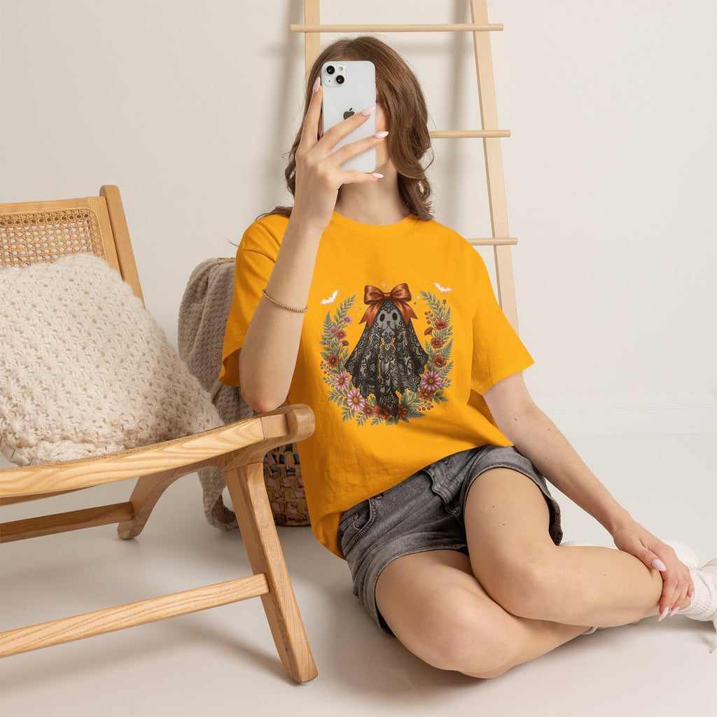 Ghost in Lace Tee — Floral Halloween Ghost T-Shirt with Bow