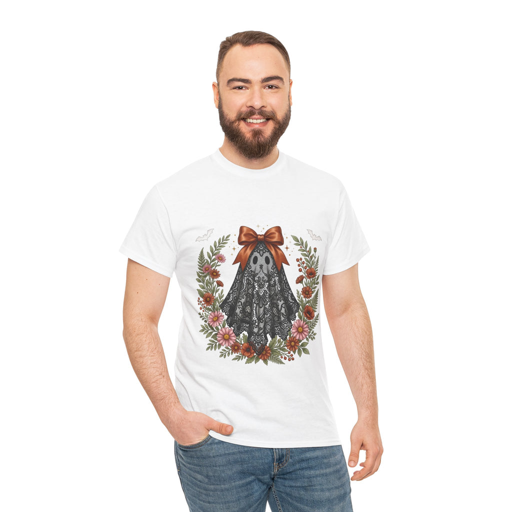 Ghost in Lace Tee — Floral Halloween Ghost T-Shirt with Bow