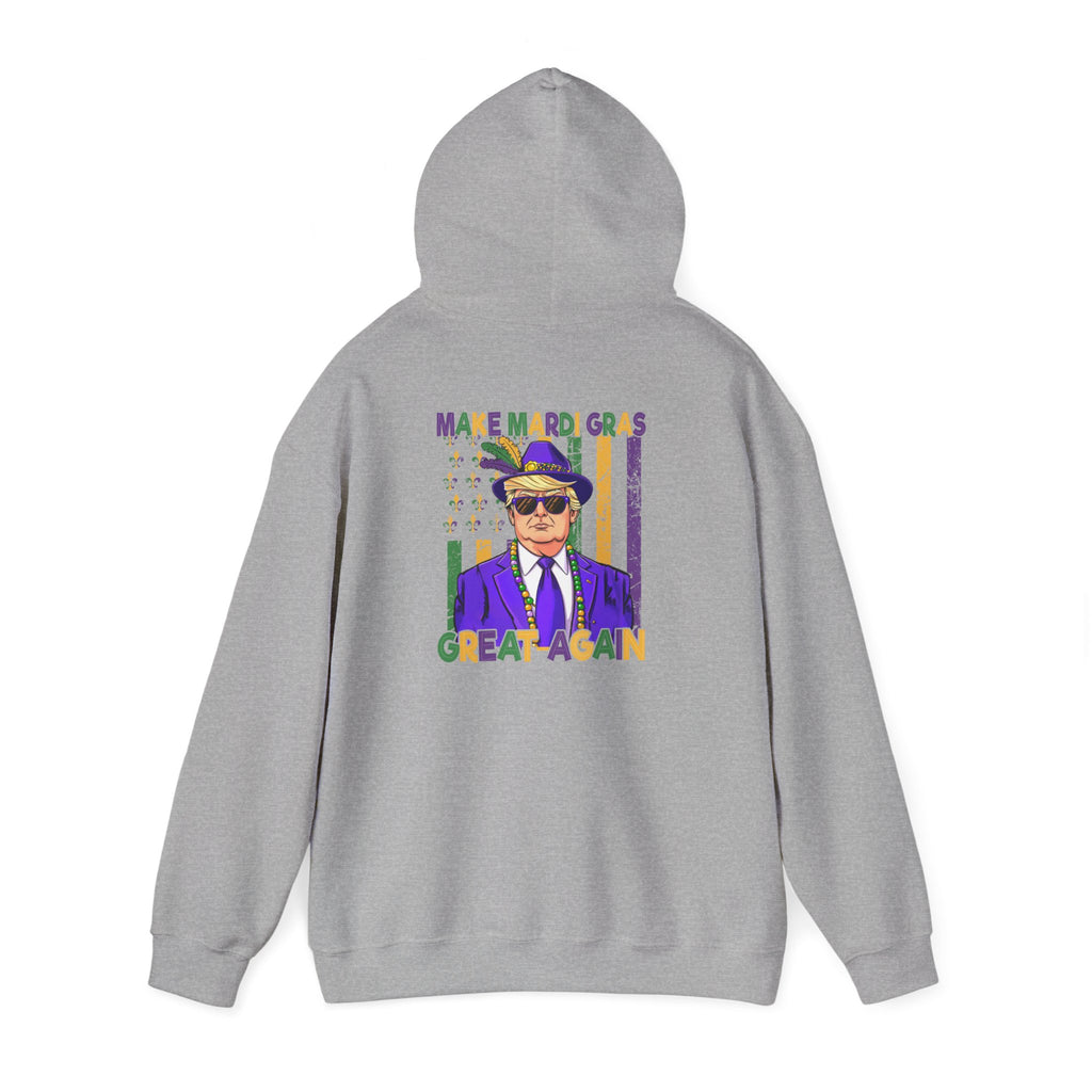Mardi Gras Great Again Hoodie — Festive King Cake Masked Man Back Graphic