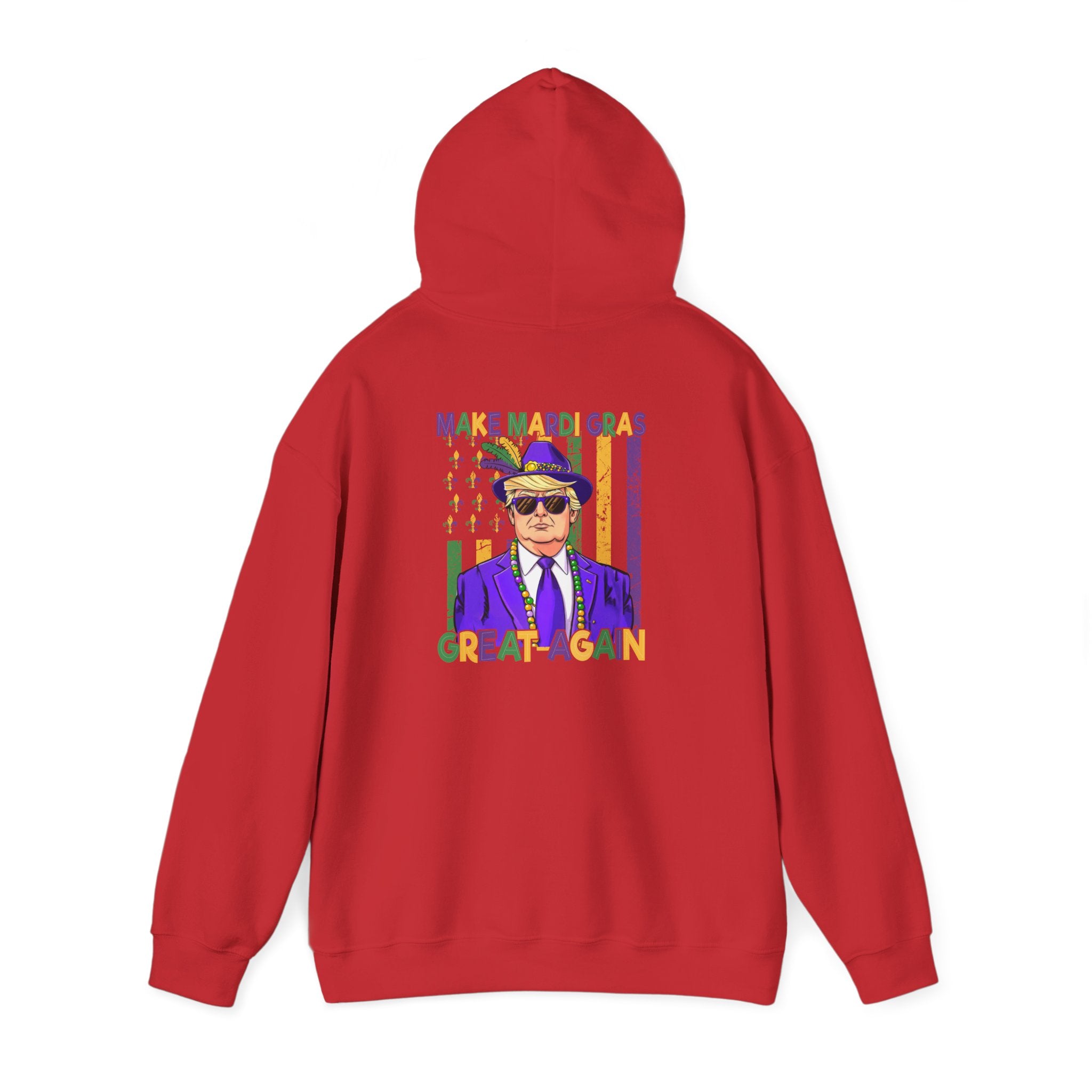 Mardi Gras Great Again Hoodie — Festive King Cake Masked Man Back Graphic