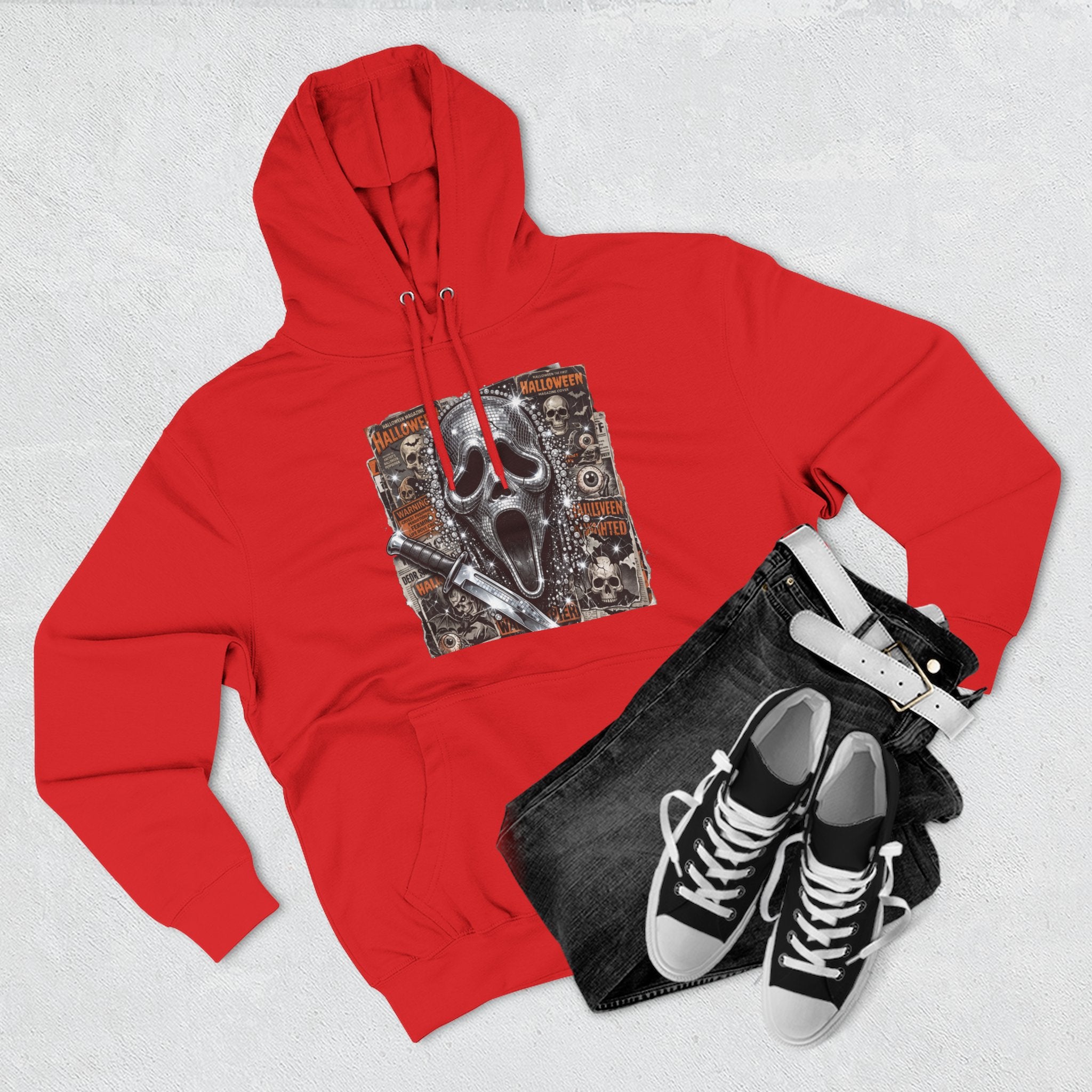 Halloween Horror Nights Hoodie — Haunted Mask & Killer Characters Graphic Pullover
