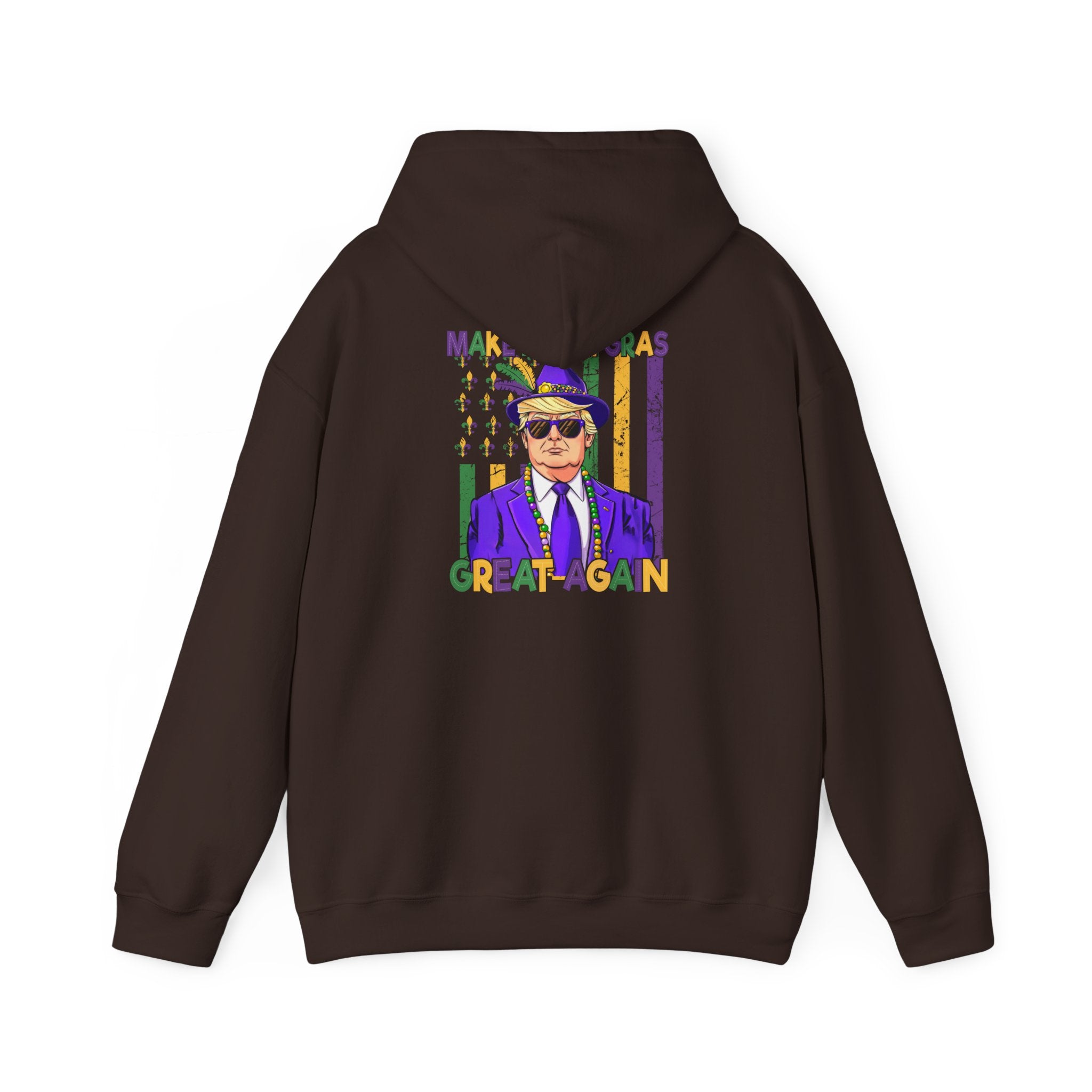 Mardi Gras Great Again Hoodie — Festive King Cake Masked Man Back Graphic
