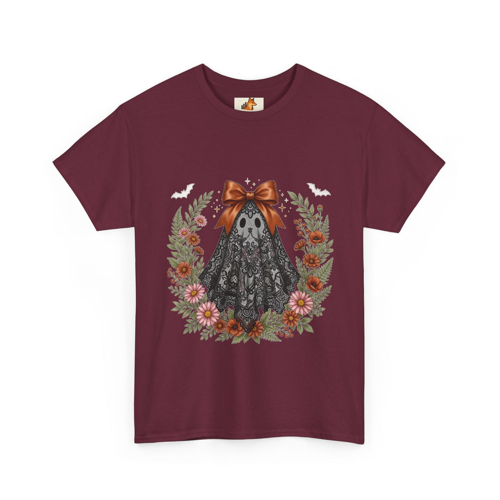 Ghost in Lace Tee — Floral Halloween Ghost T-Shirt with Bow