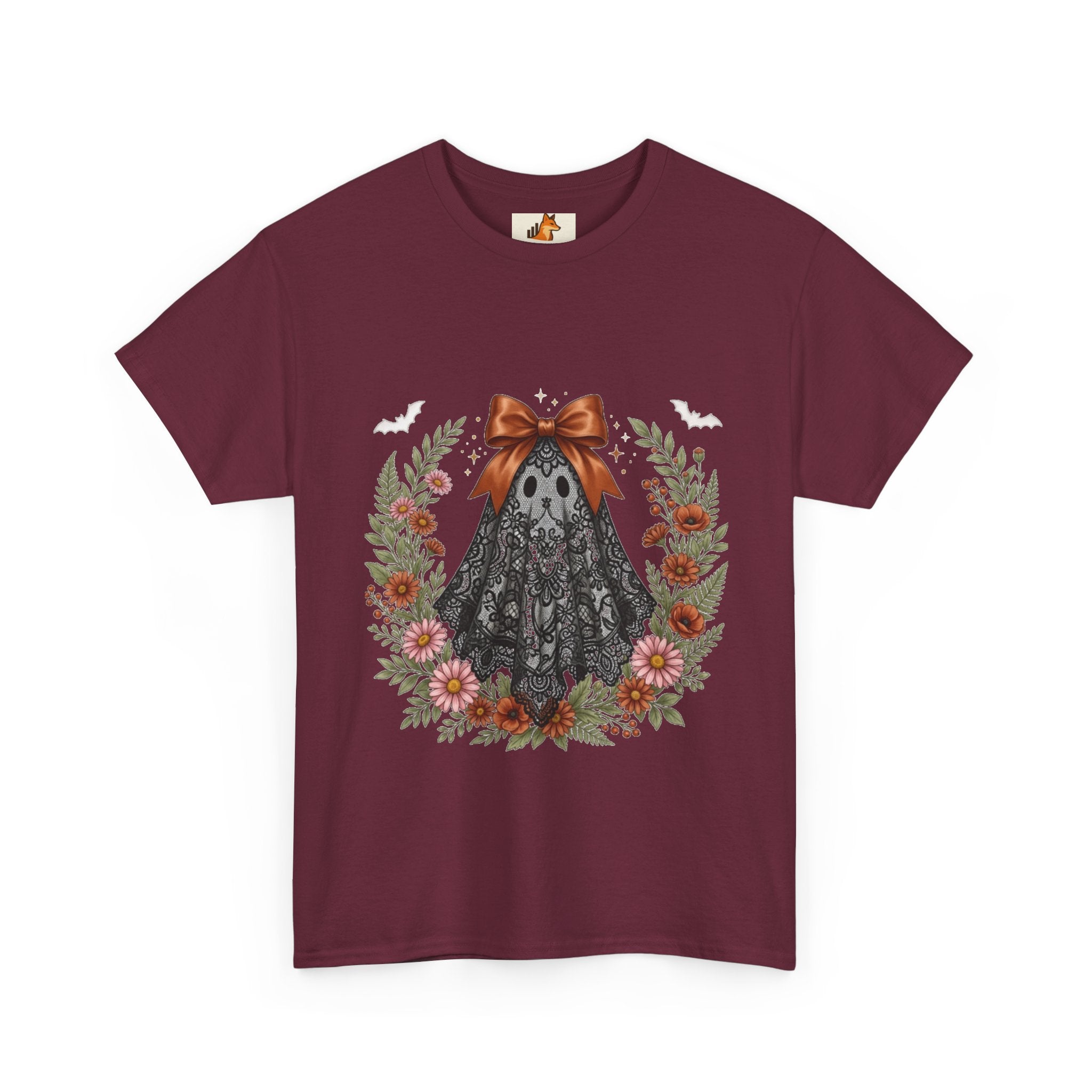 Ghost in Lace Tee — Floral Halloween Ghost T-Shirt with Bow
