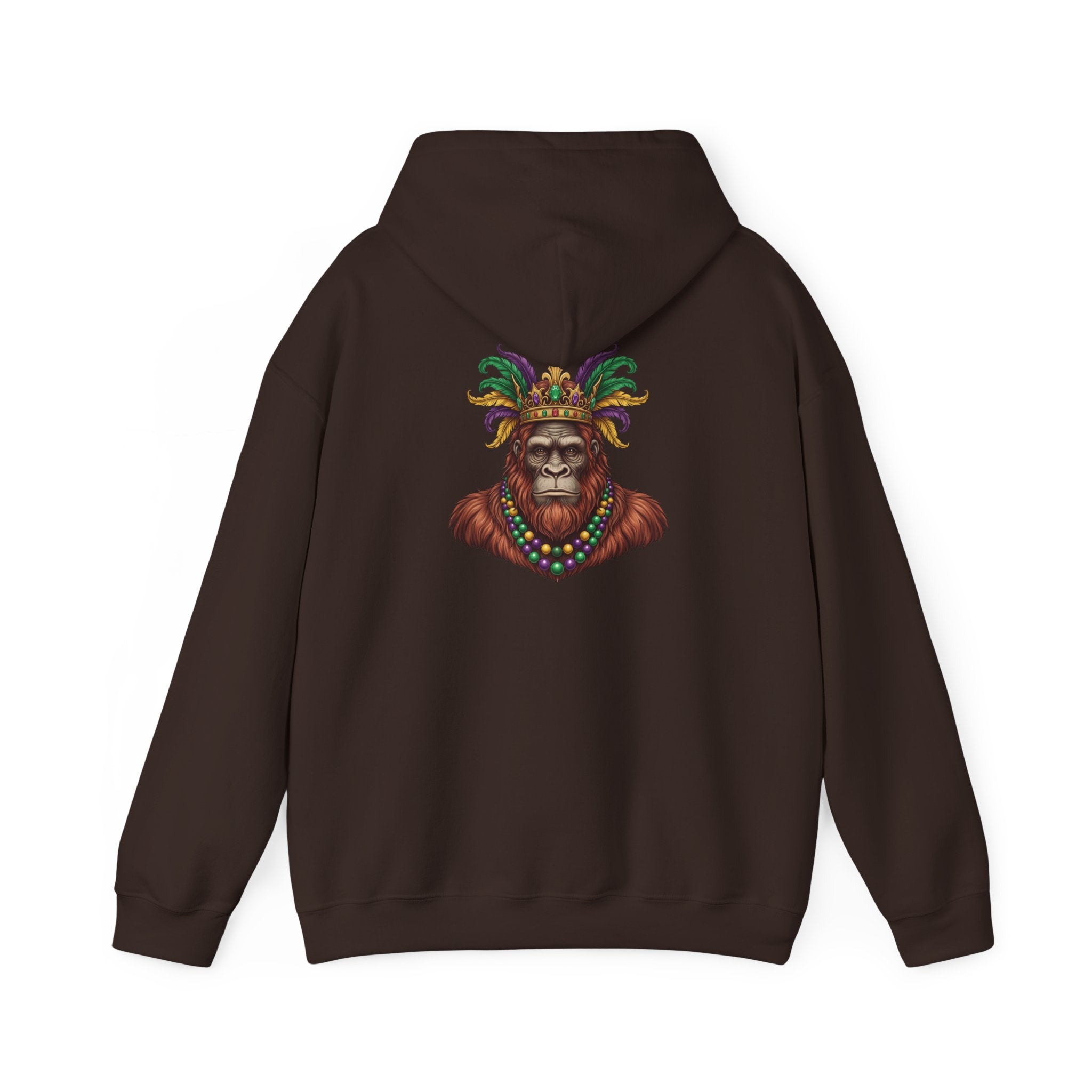 Mardi Gras Bigfoot Hooded Sweatshirt - Colorful Jester Mask & Bead Design