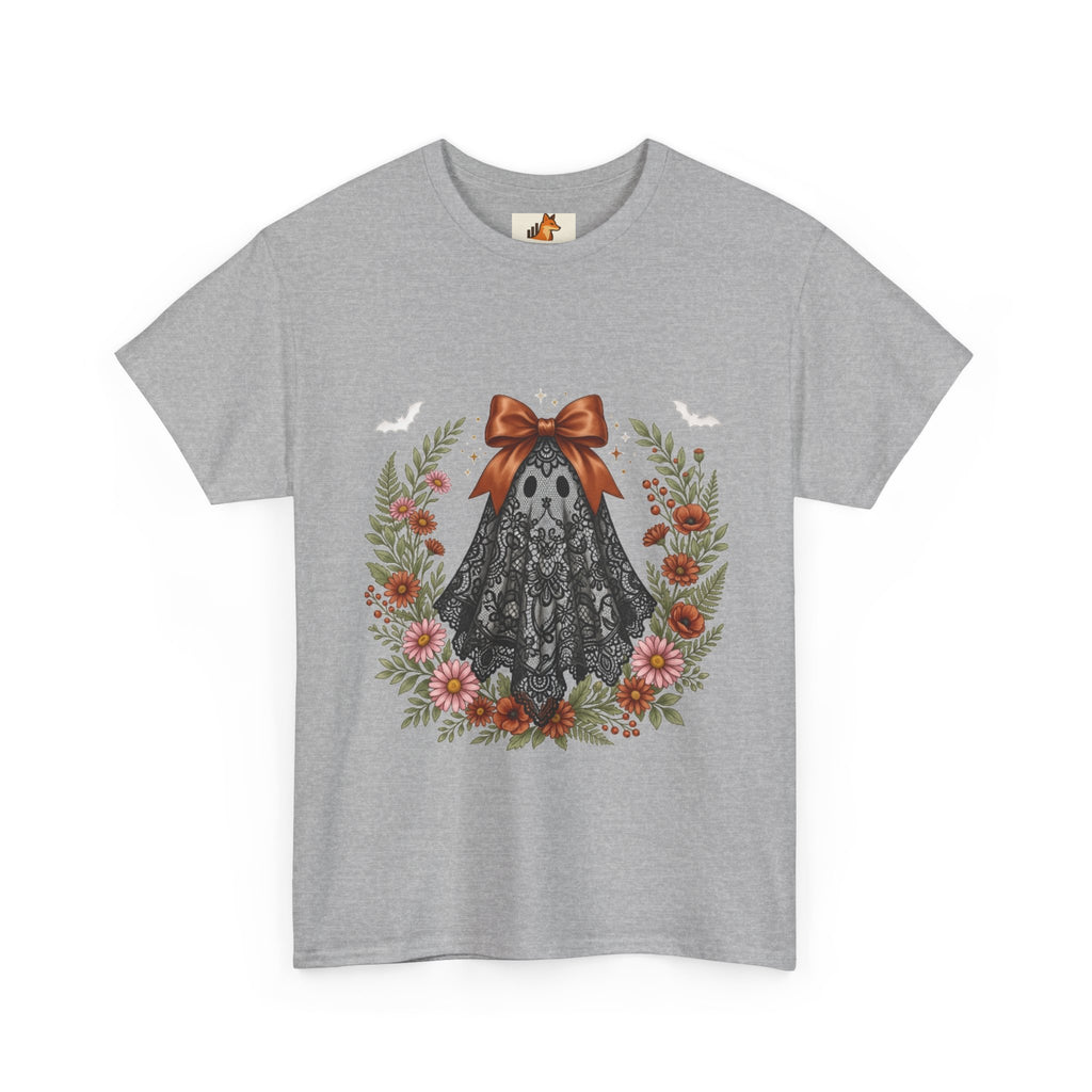 Ghost in Lace Tee — Floral Halloween Ghost T-Shirt with Bow