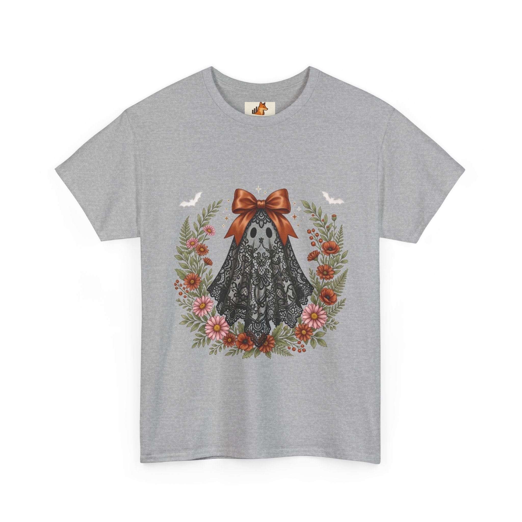 Ghost in Lace Tee — Floral Halloween Ghost T-Shirt with Bow