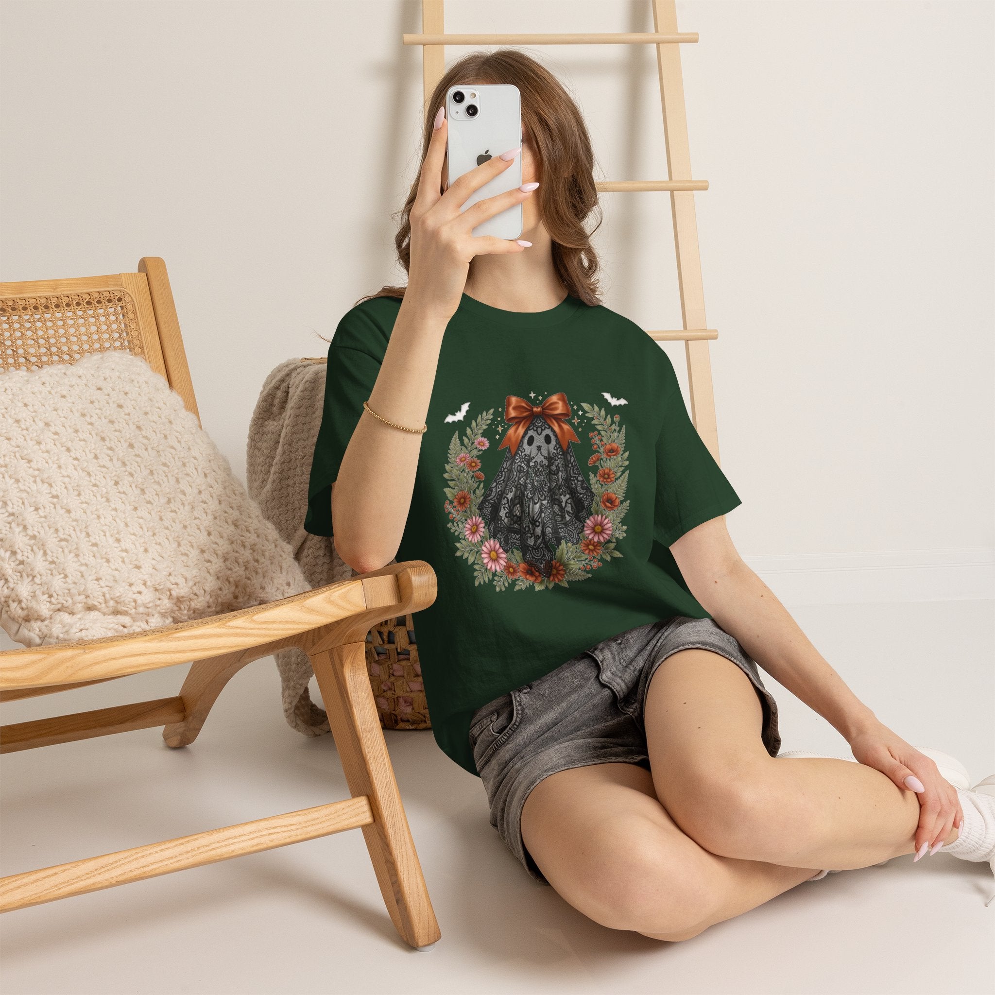Ghost in Lace Tee — Floral Halloween Ghost T-Shirt with Bow