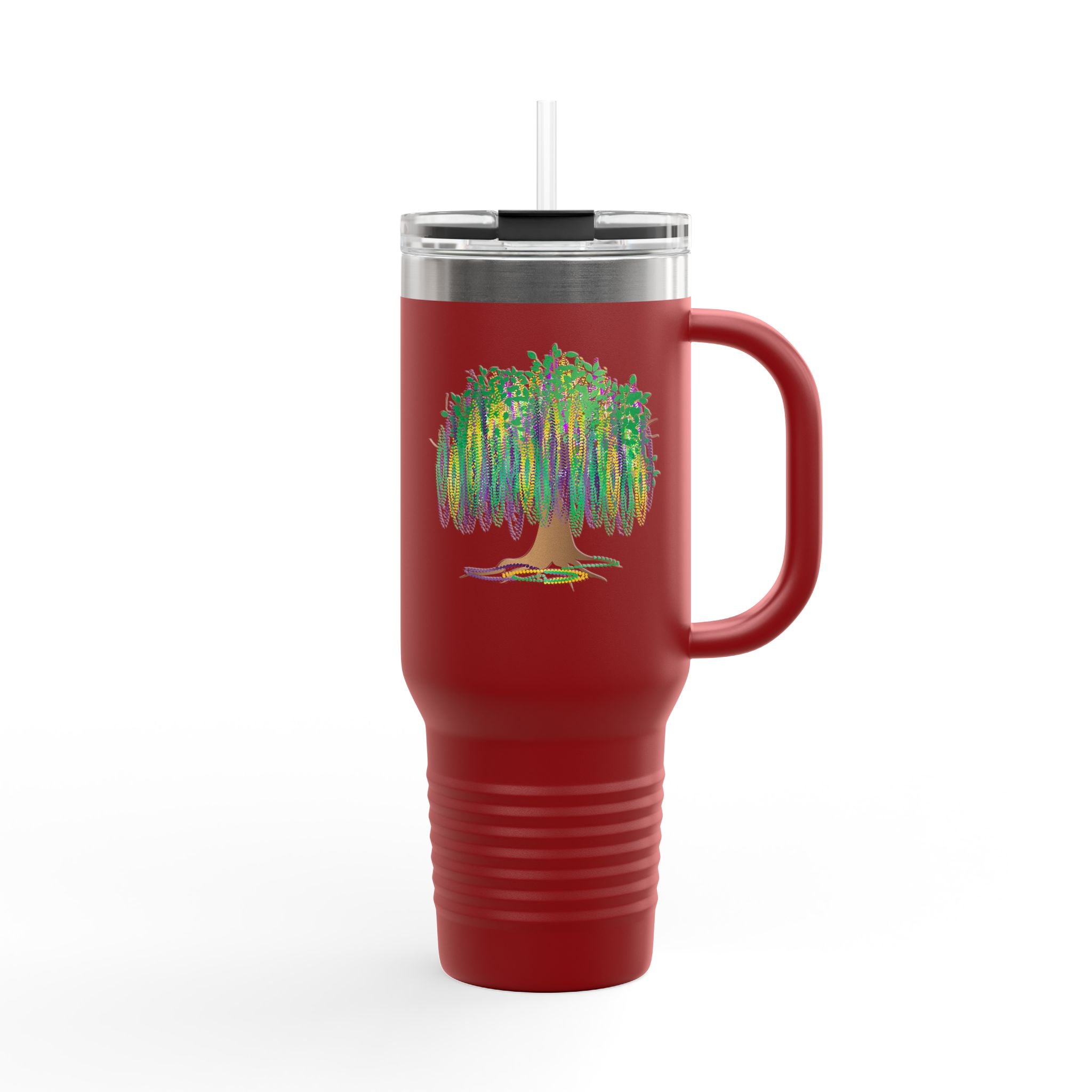 Mardi Gras Bead Tree 40oz Insulated Travel Mug — Colorful Watercolor Tree Tumbler