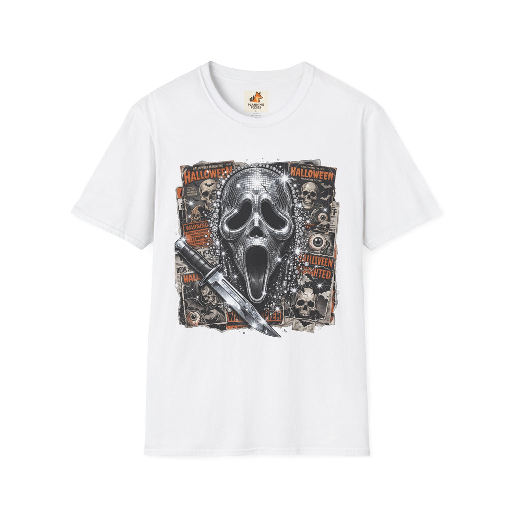 Halloween Scream Mask T-Shirt — Skull, Knife & Poster Horror Graphic Tee