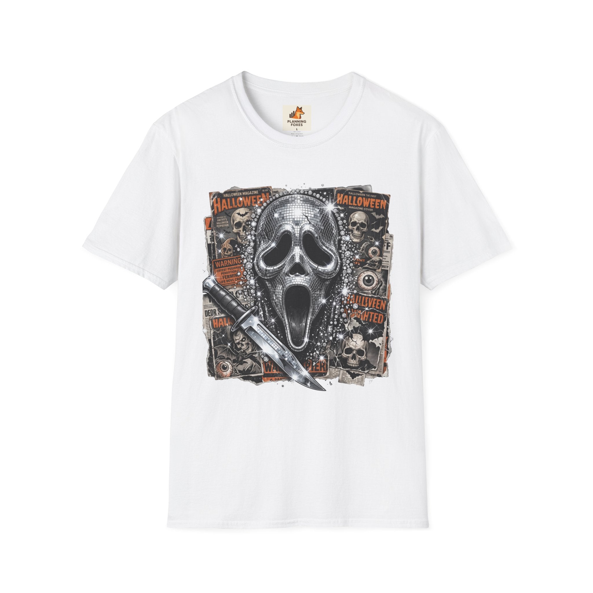 Halloween Scream Mask T-Shirt — Skull, Knife & Poster Horror Graphic Tee