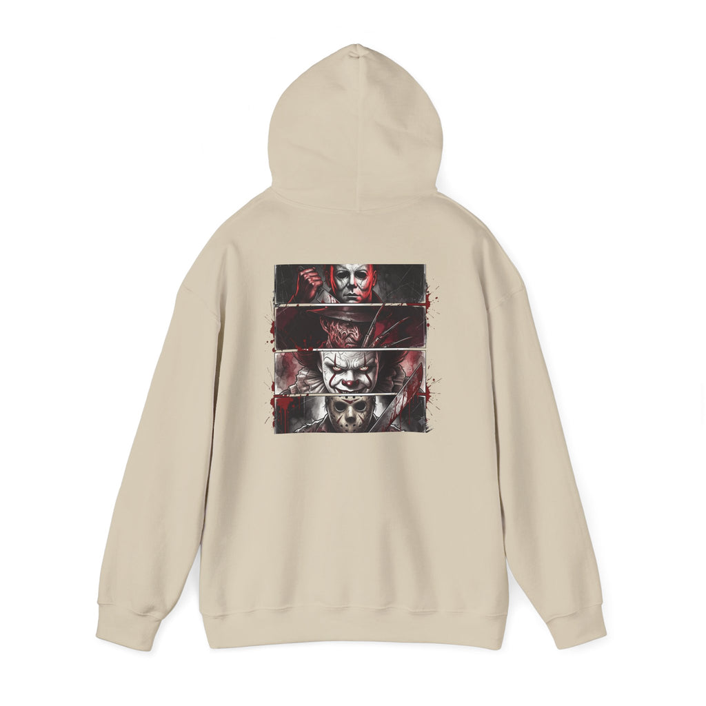 Horror Villains Back-Print Hoodie — Creepy Movie Killer Collage