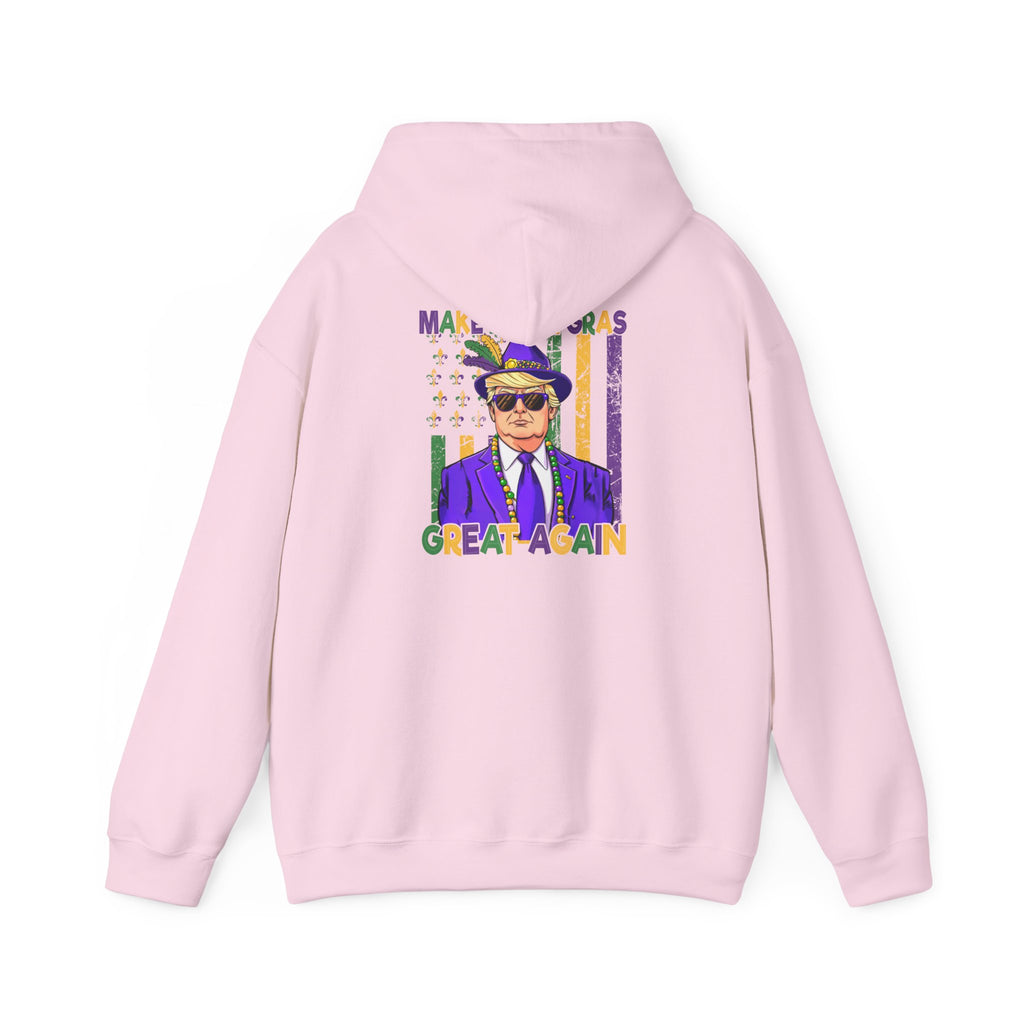 Mardi Gras Great Again Hoodie — Festive King Cake Masked Man Back Graphic