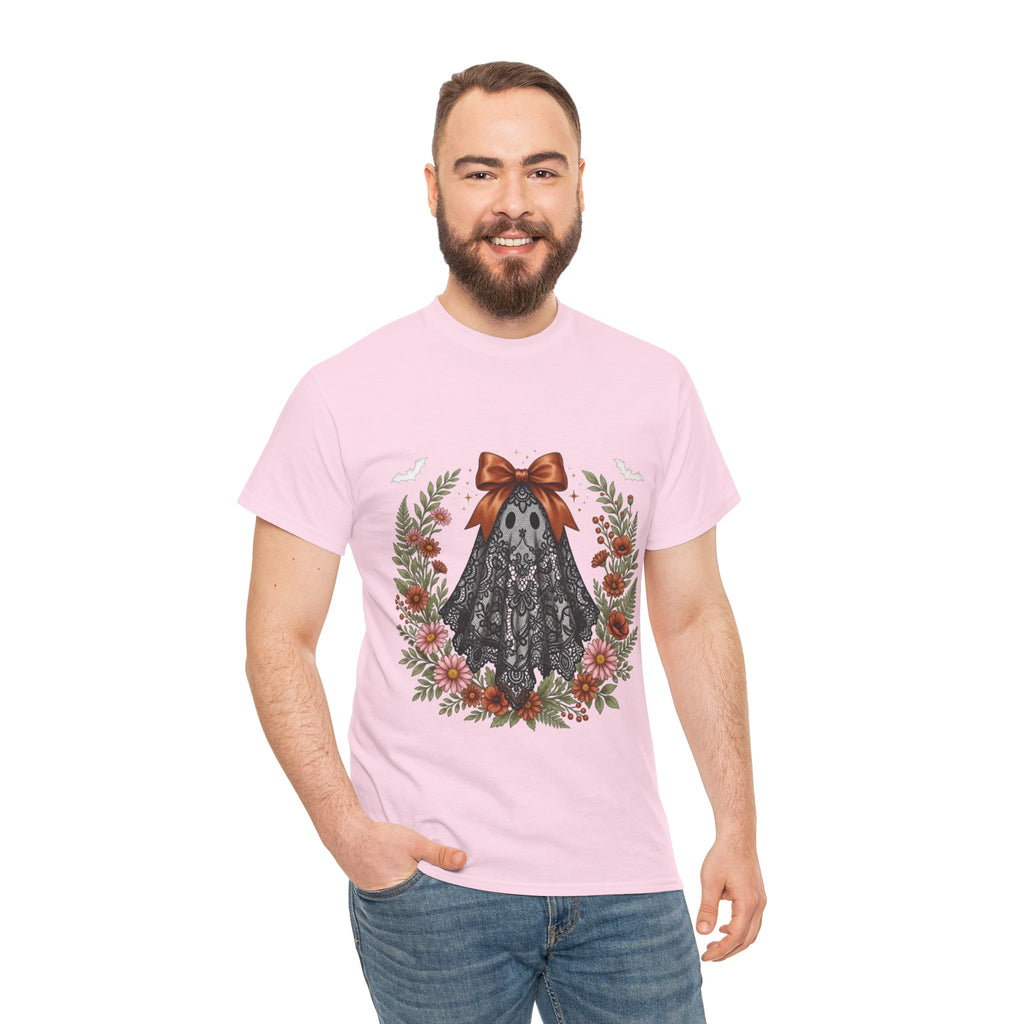 Ghost in Lace Tee — Floral Halloween Ghost T-Shirt with Bow