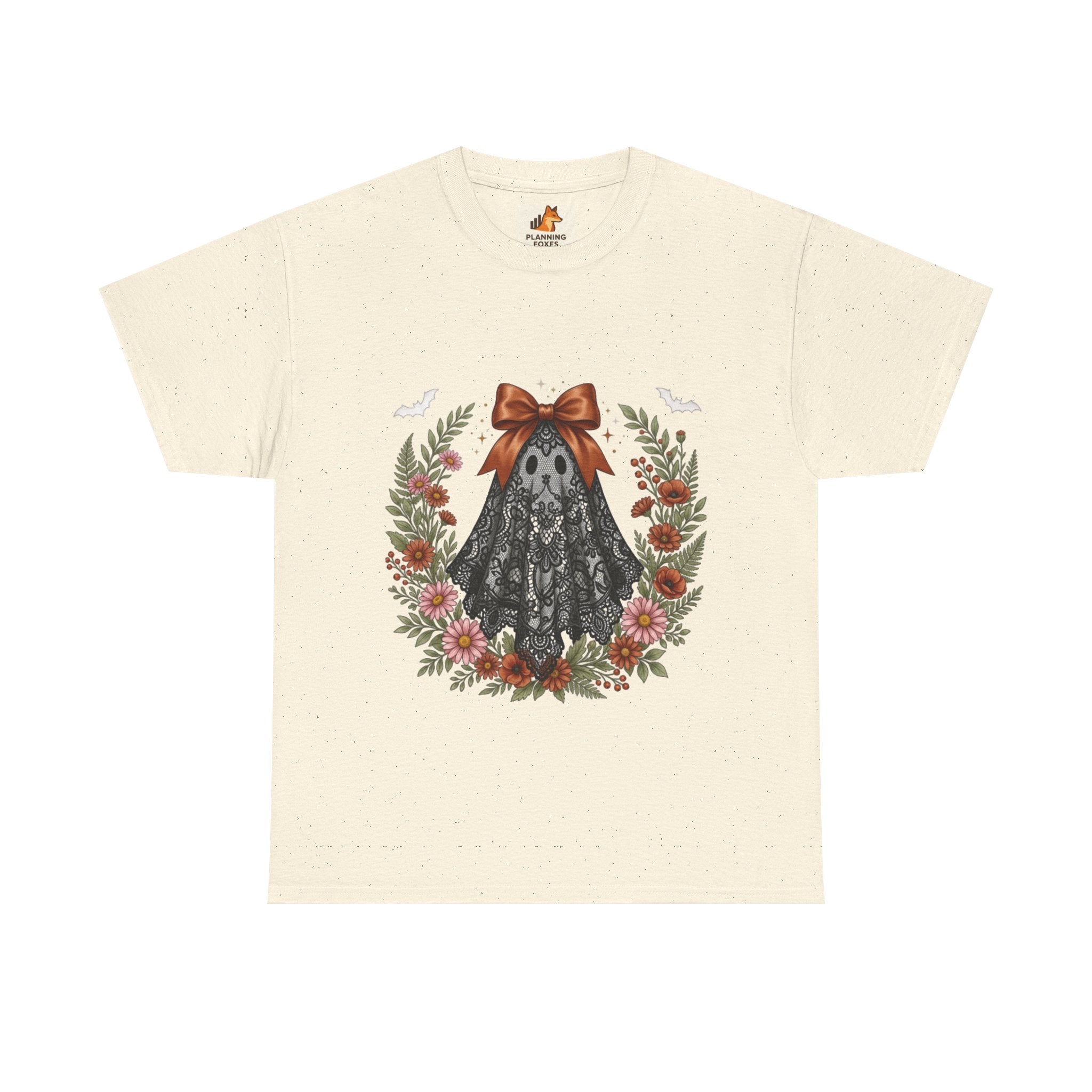Ghost in Lace Tee — Floral Halloween Ghost T-Shirt with Bow