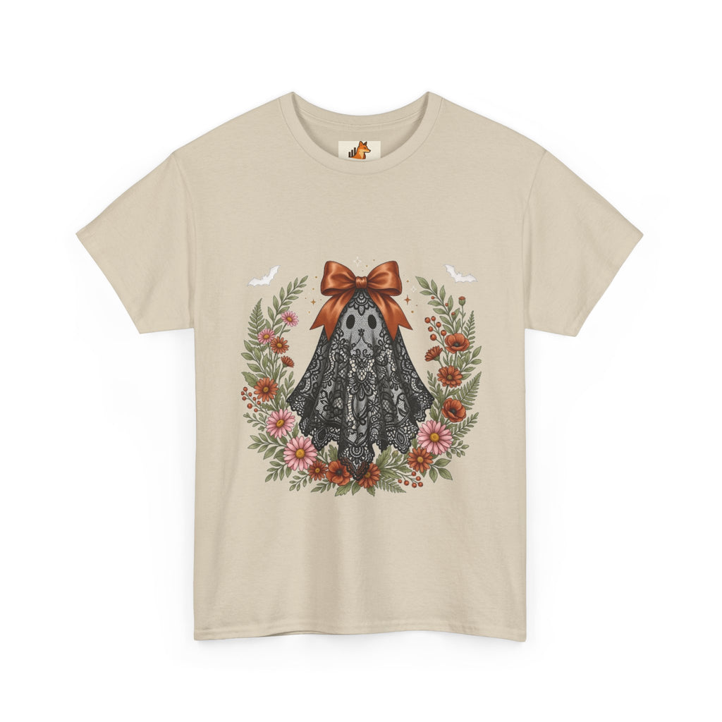 Ghost in Lace Tee — Floral Halloween Ghost T-Shirt with Bow