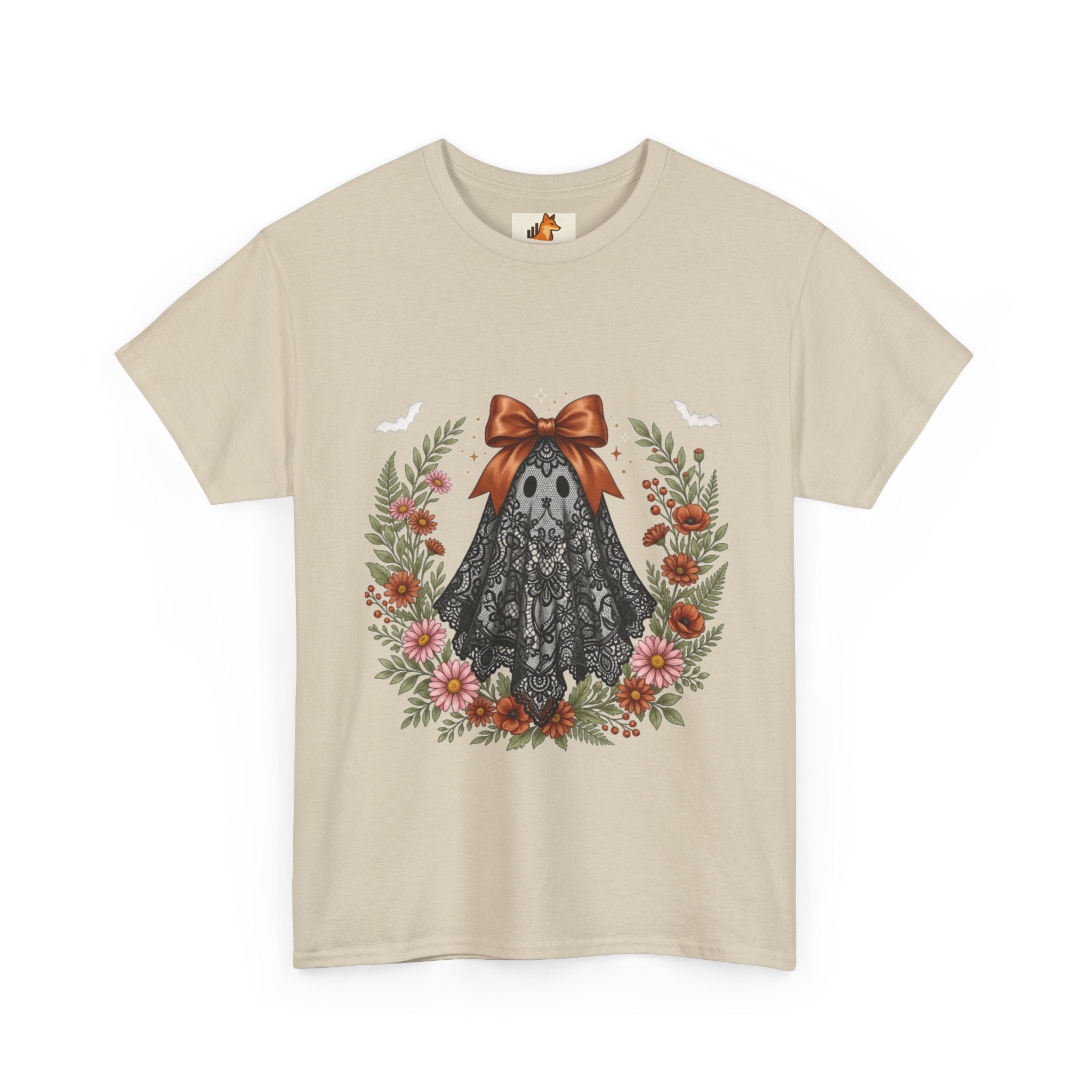 Ghost in Lace Tee — Floral Halloween Ghost T-Shirt with Bow