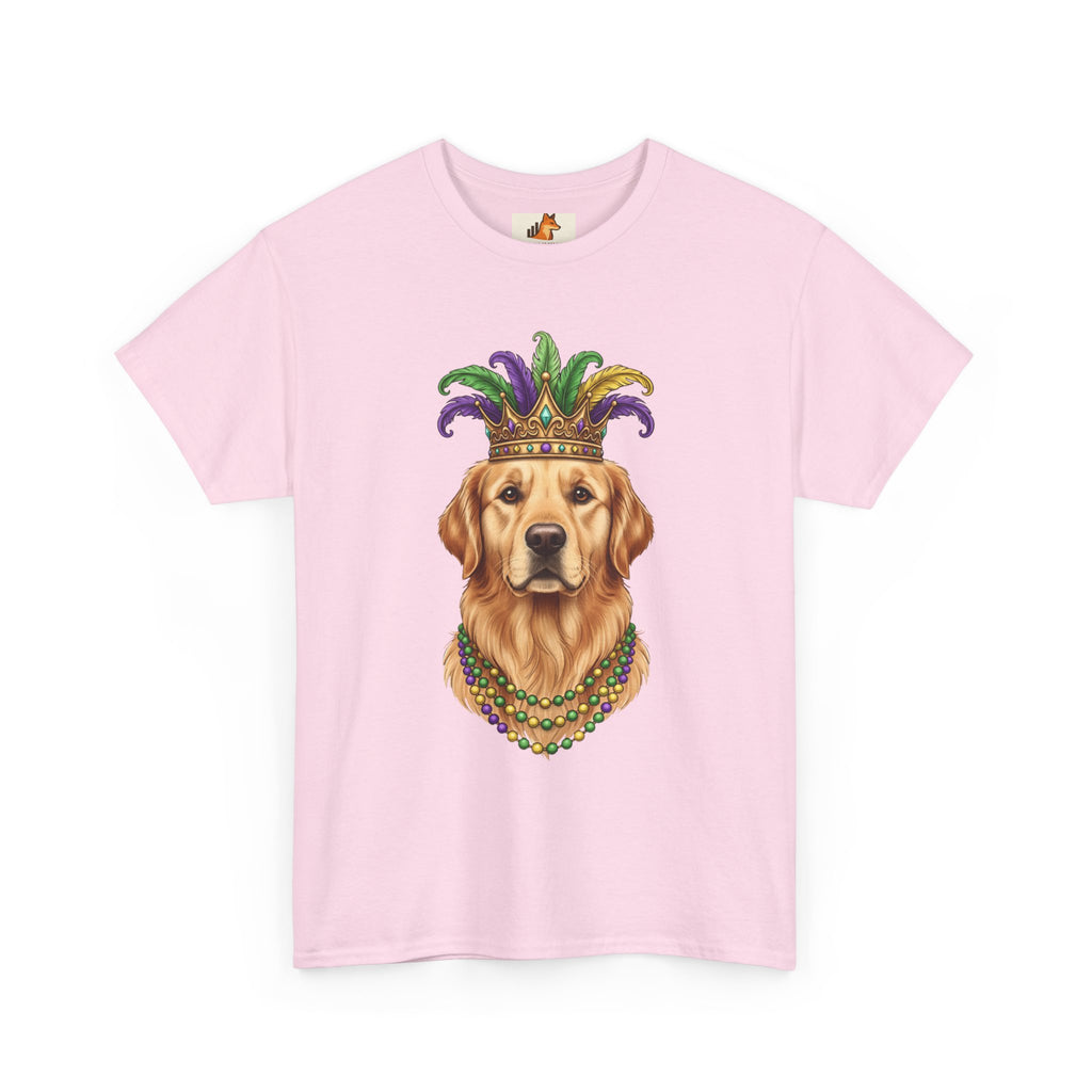 Mardi Gras Golden Retriever T-Shirt — Dog with Jester Crown & Beads