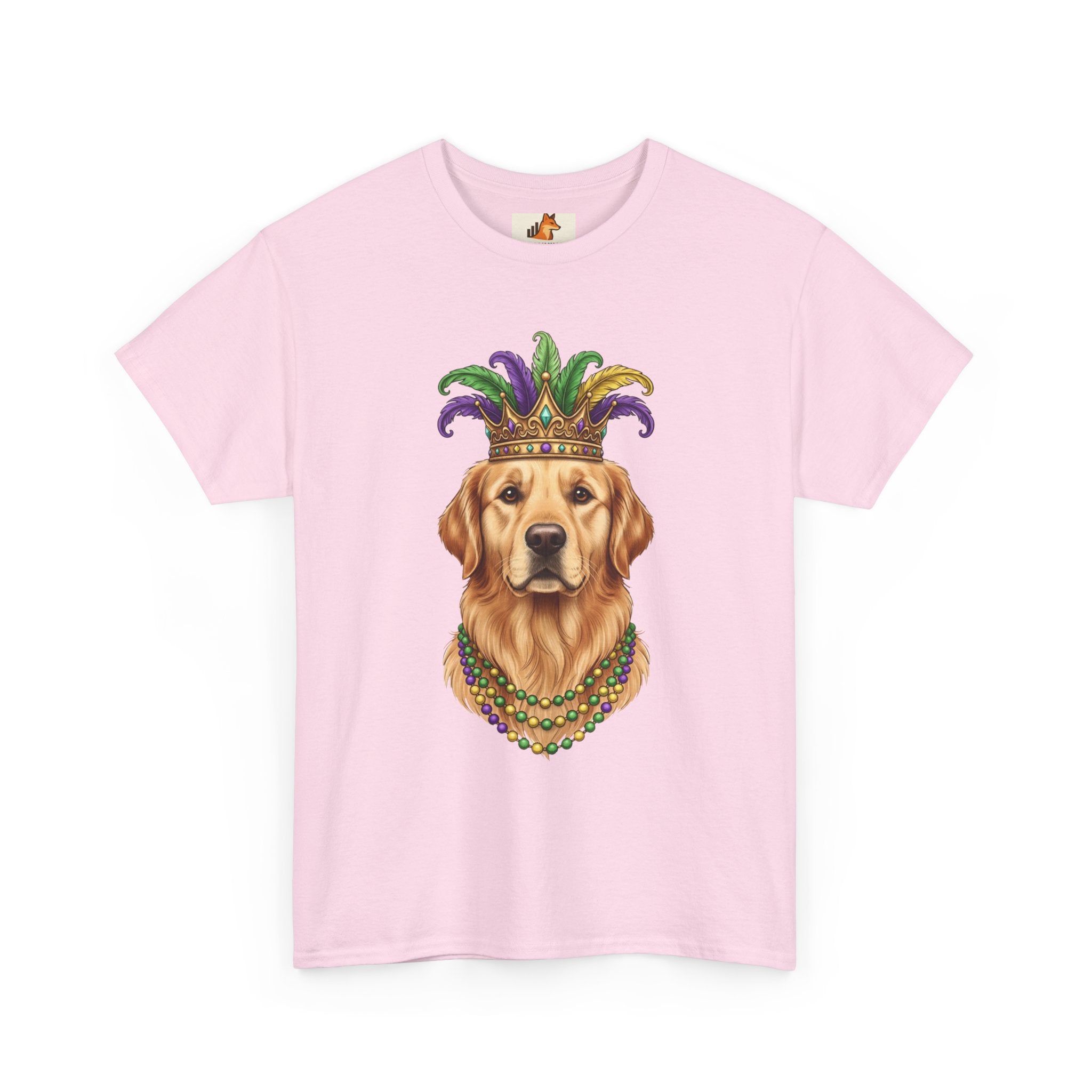 Mardi Gras Golden Retriever T-Shirt — Dog with Jester Crown & Beads