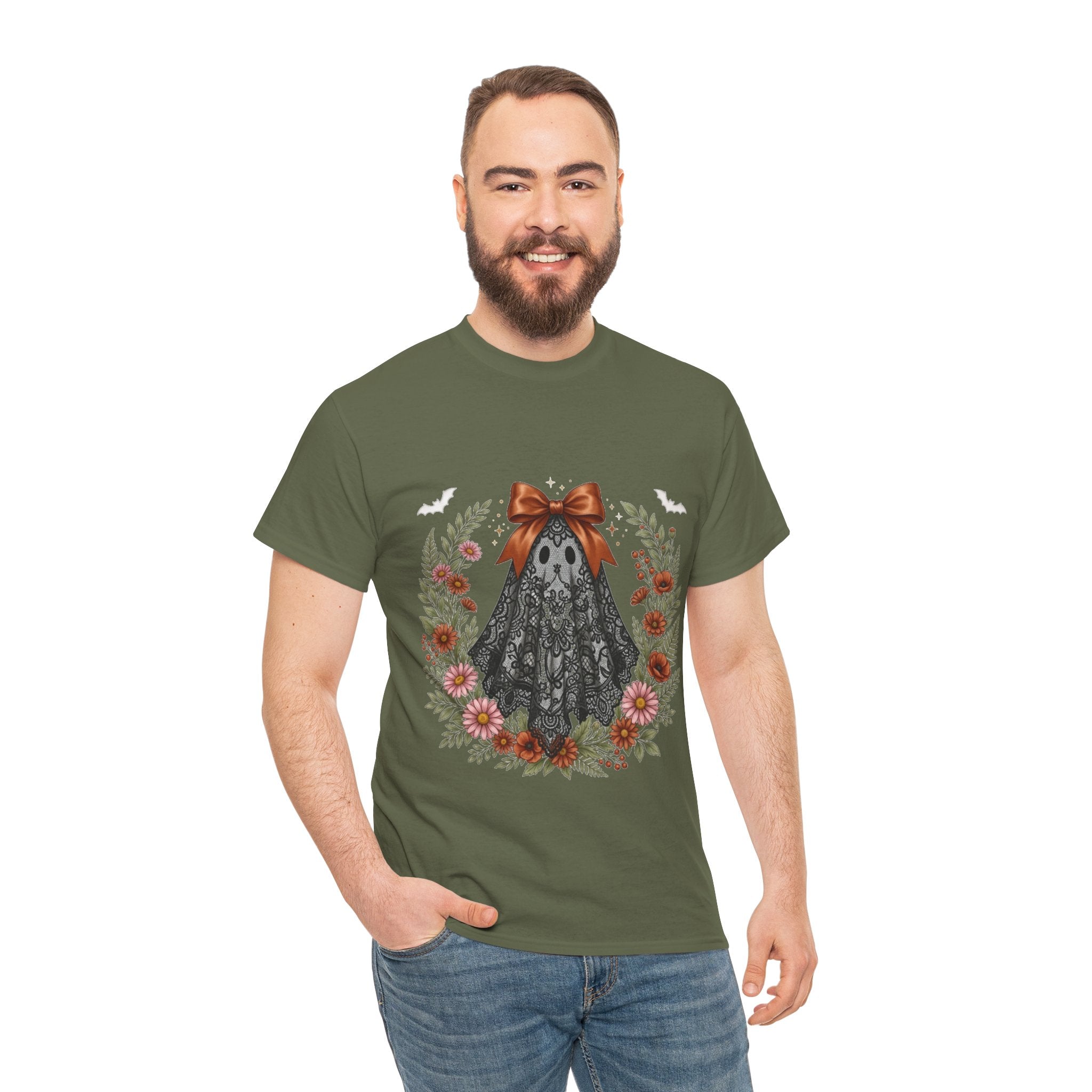 Ghost in Lace Tee — Floral Halloween Ghost T-Shirt with Bow