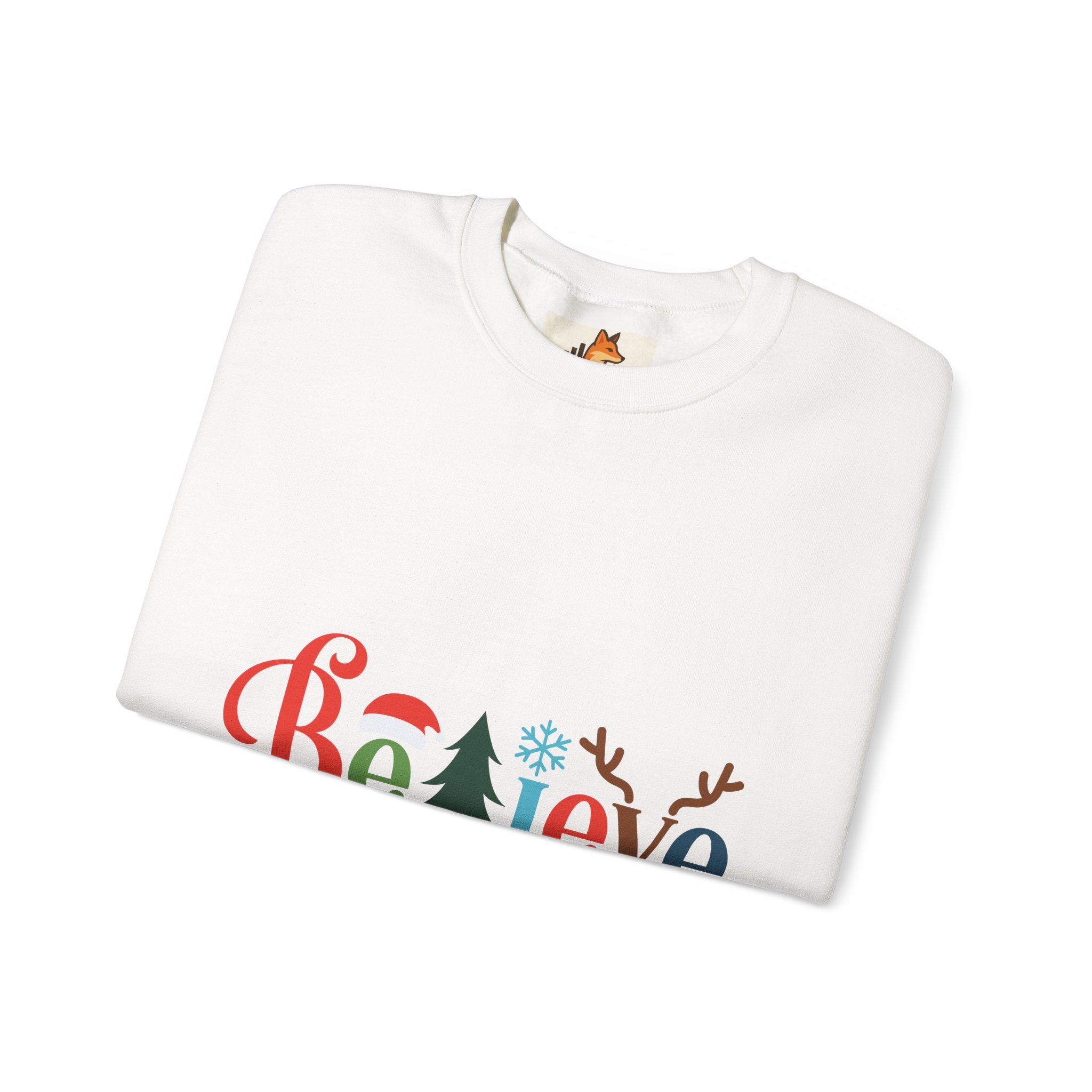 Believe Christmas Sweatshirt — Festive Tree & Reindeer Holiday Crewneck