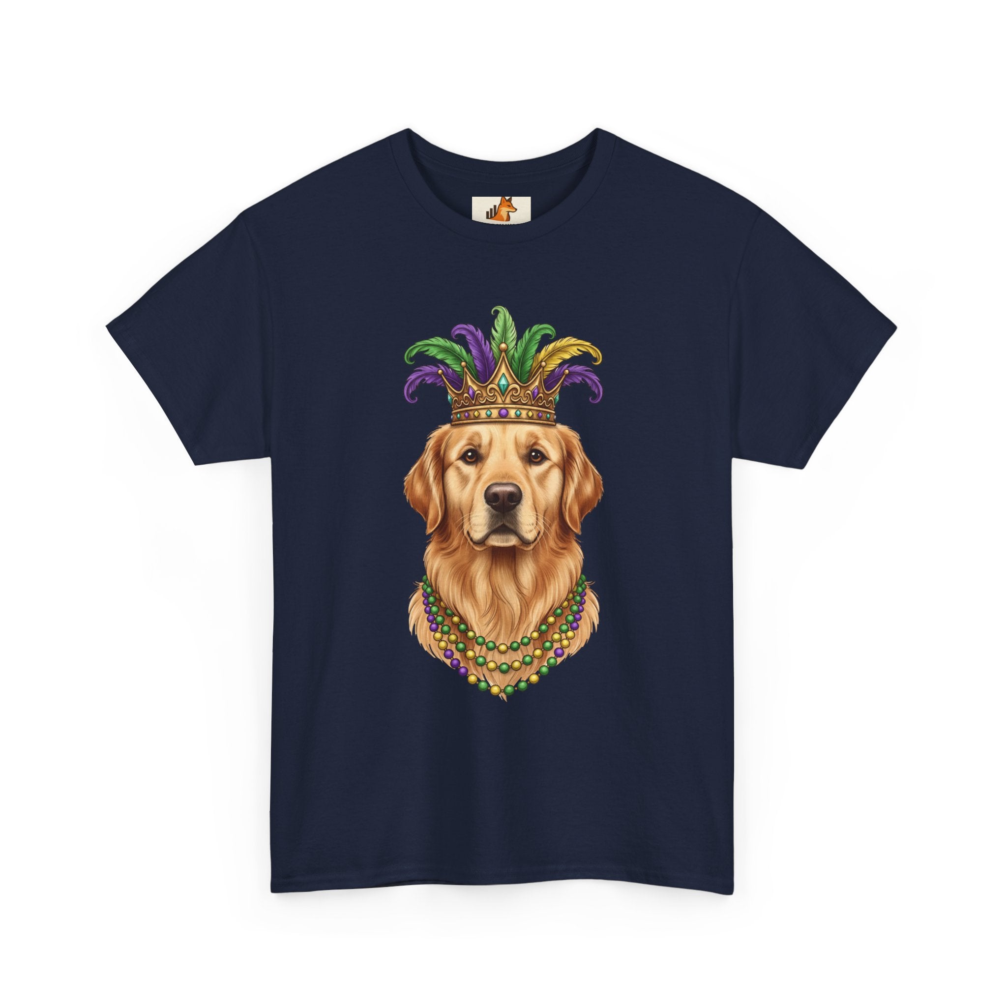 Mardi Gras Golden Retriever T-Shirt — Dog with Jester Crown & Beads