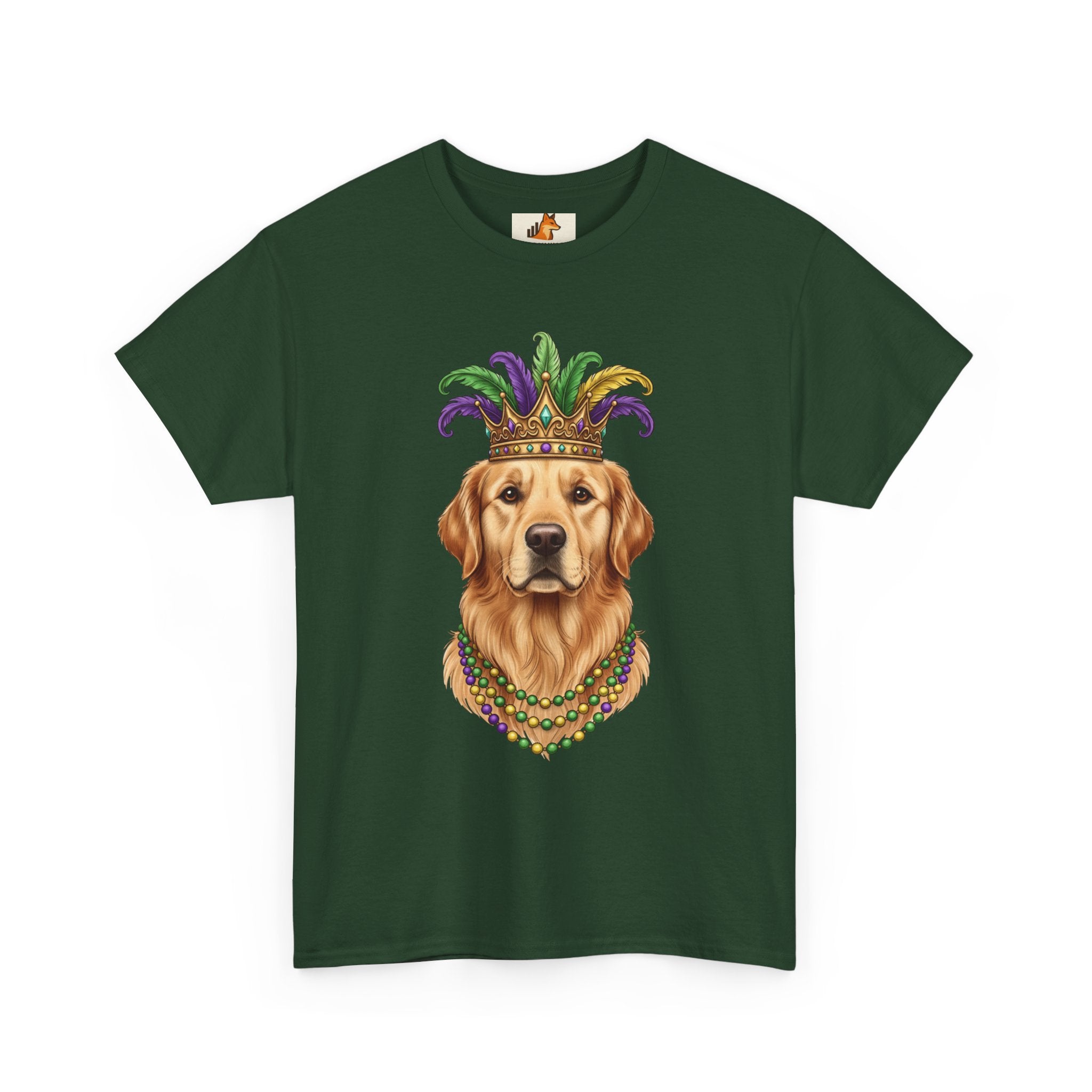 Mardi Gras Golden Retriever T-Shirt — Dog with Jester Crown & Beads