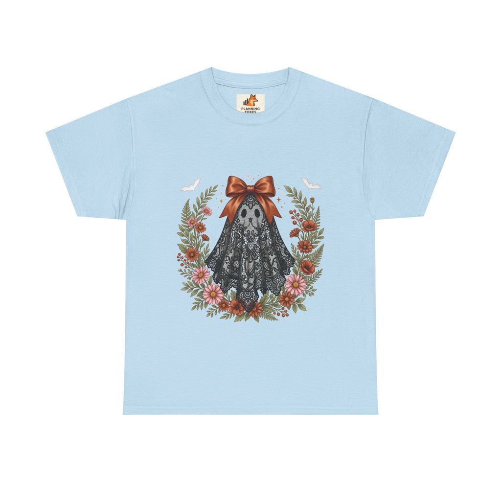 Ghost in Lace Tee — Floral Halloween Ghost T-Shirt with Bow
