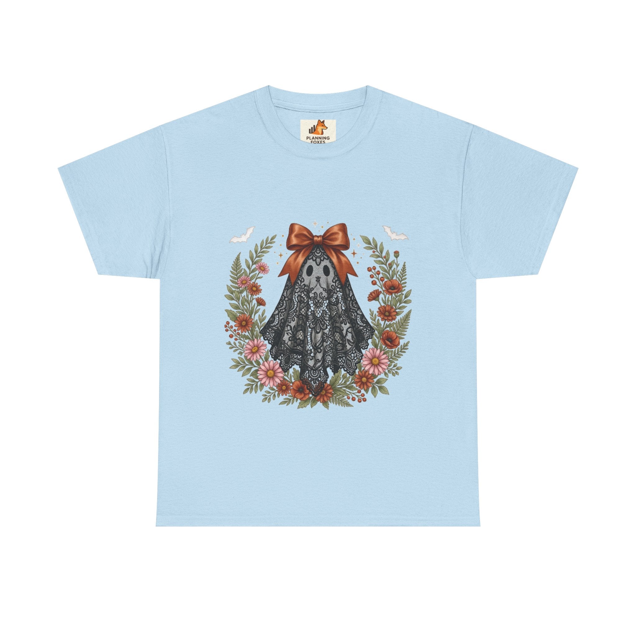 Ghost in Lace Tee — Floral Halloween Ghost T-Shirt with Bow
